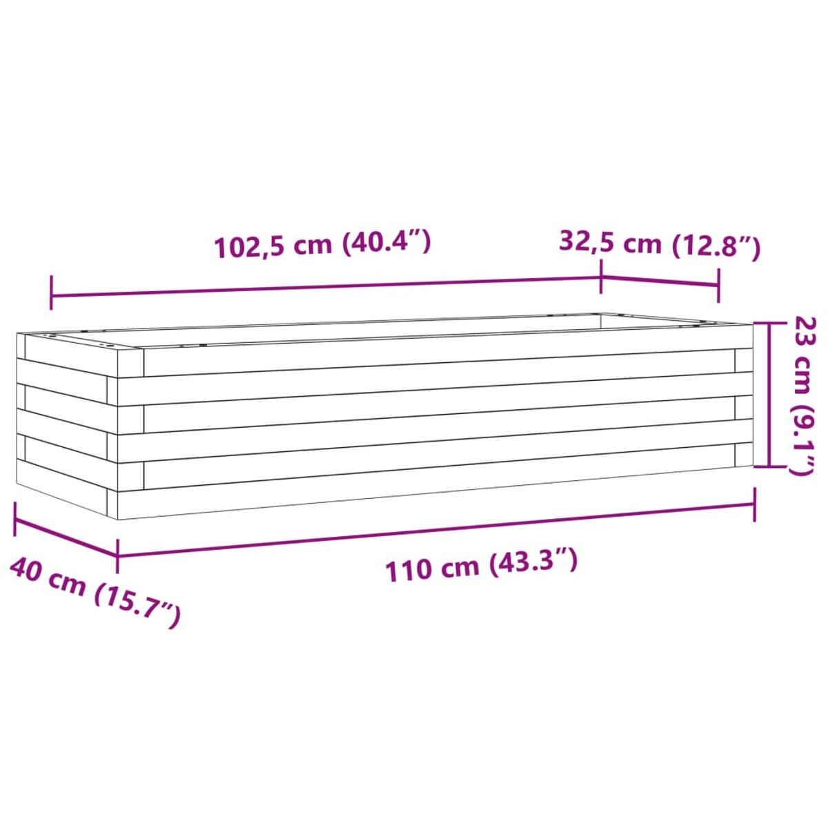 Ein Diagramm eines rechteckigen Holzpflanzkastens mit Abmessungen in Zentimetern und Zoll, das die Länge und Breite zeigt.