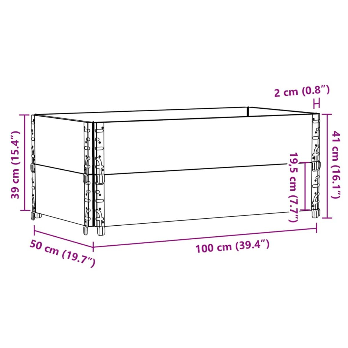 Fioriera rettangolare in legno con dimensioni etichettate. Con supporti angolari metallici.