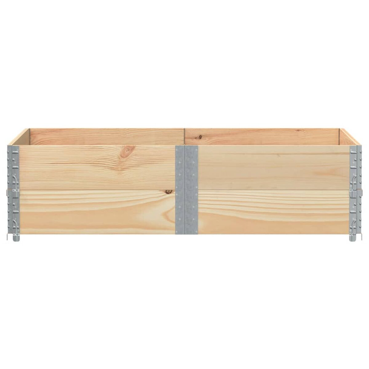 Holzpflanzkasten mit Metallstützen. Die Box hat eine offene Oberseite, ohne Pflanzen.