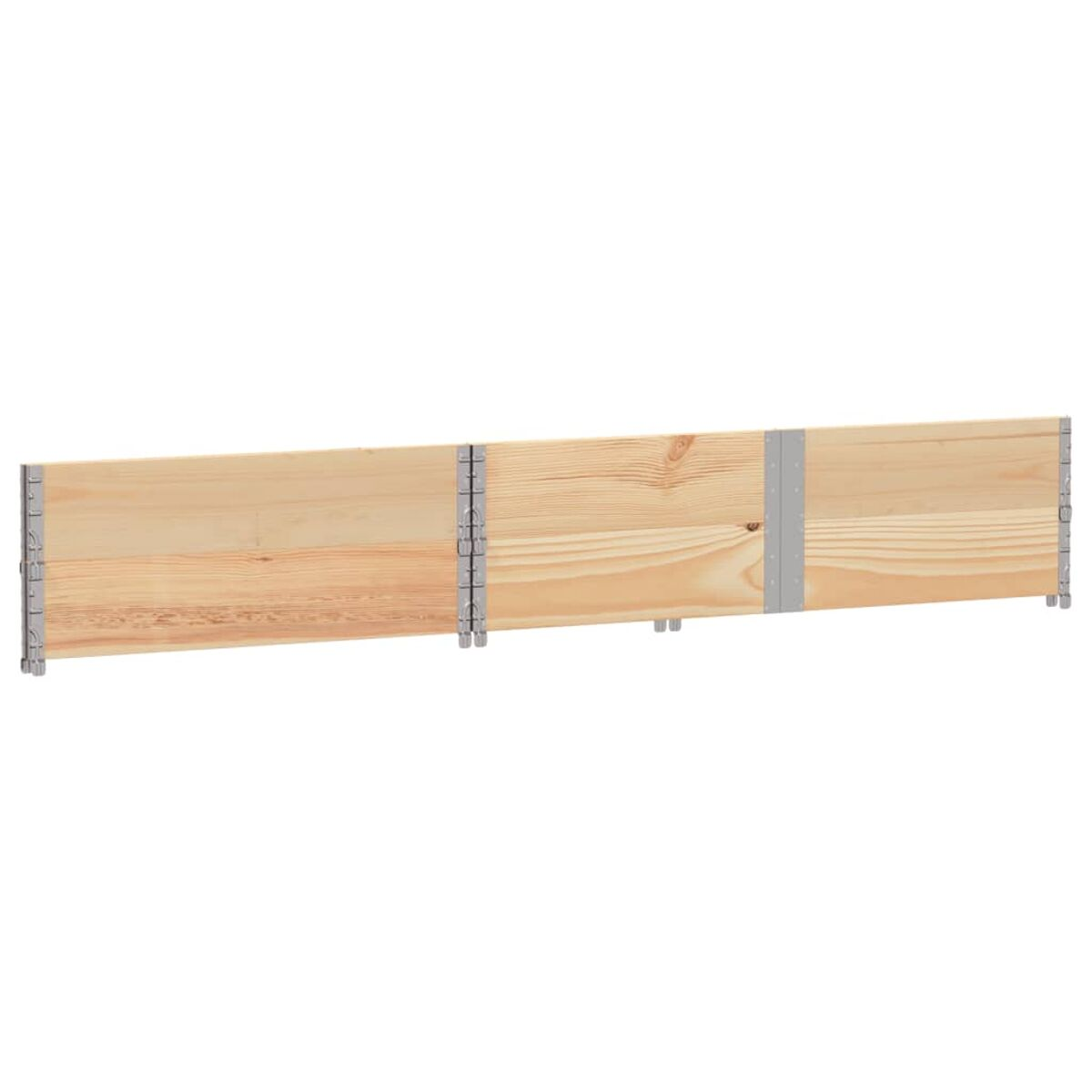 Drei Holzbretter, verbunden mit Metallwinkeln. Helle Holzfarbe.