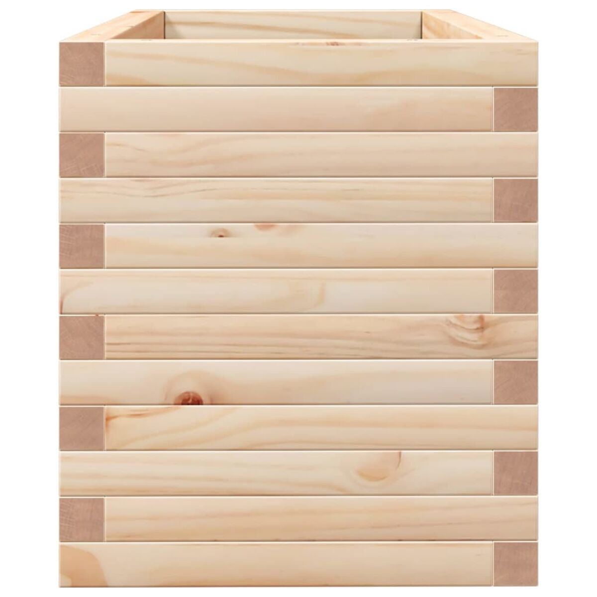 Pflanzkübel aus Holz mit natürlichem Finish. Der Pflanzkübel zeigt horizontale Holzplanken.