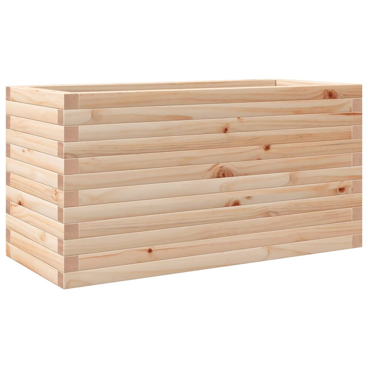 Rechteckiger Holzpflanzer auf Weiß. Das Holz hat eine hellbraune Farbe.
