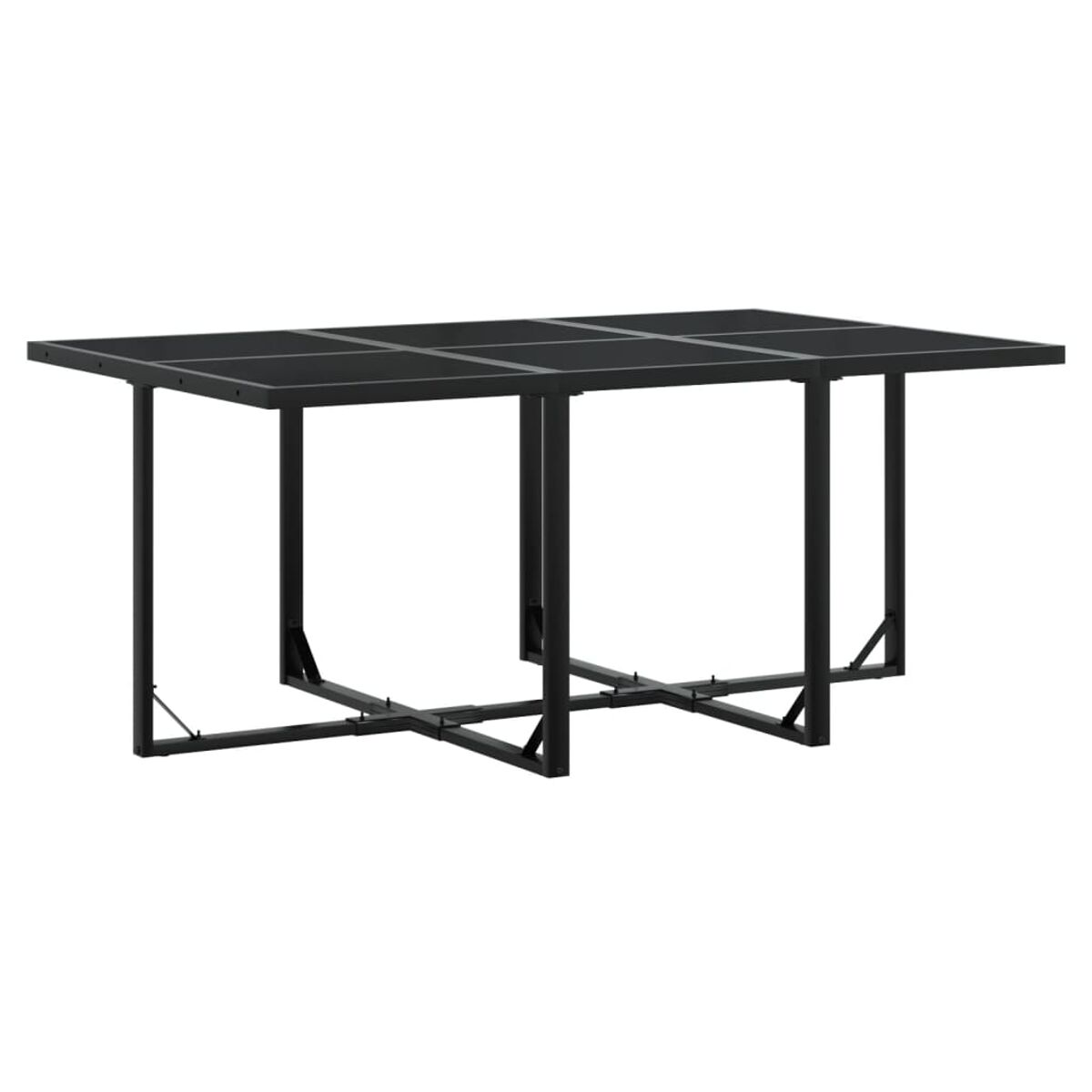 Schwarzer Metall-Außentisch mit Glasplatte. Der Tisch hat eine rechteckige Form und ein minimalistisches Design.