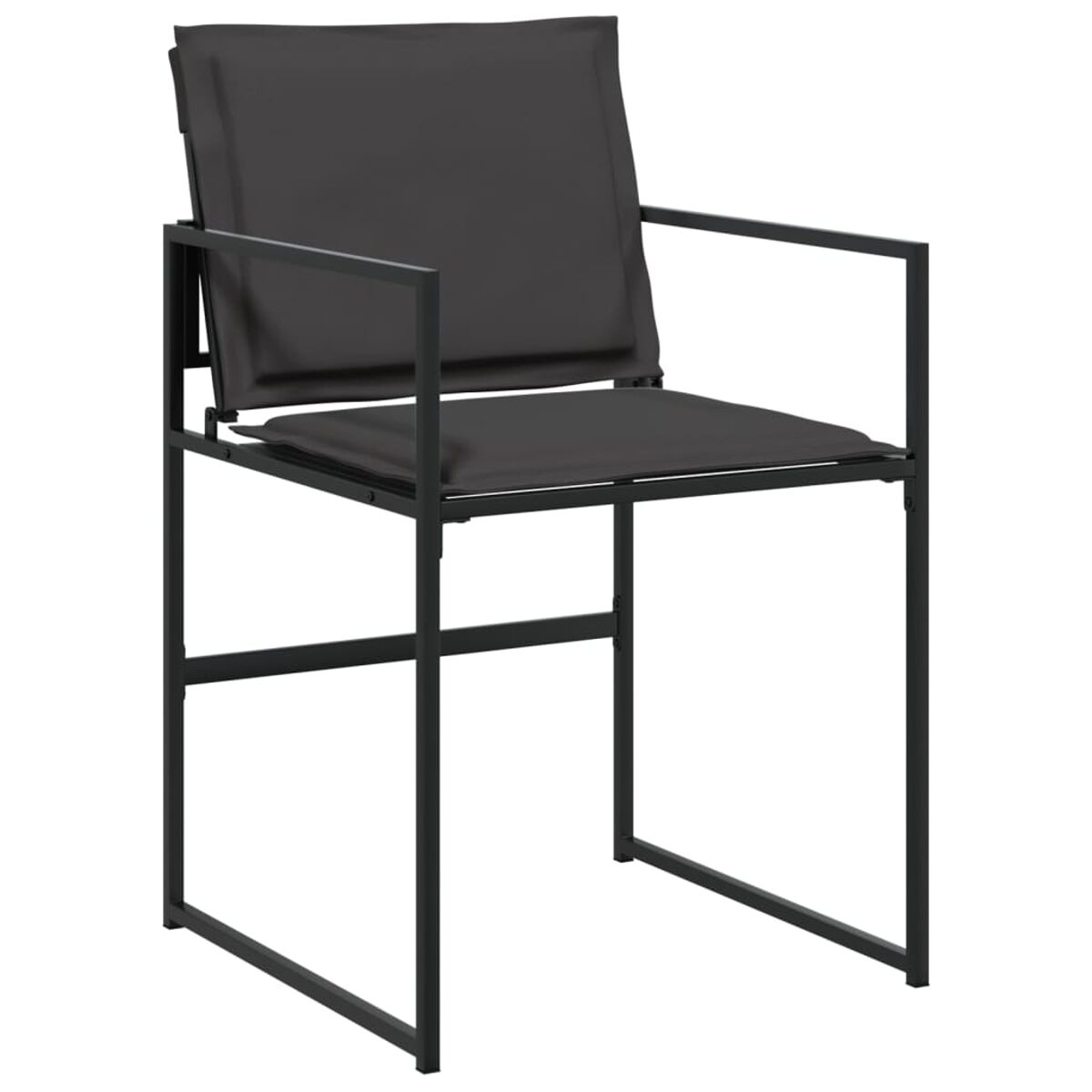 Schwarzer Metallstuhl mit schwarzem Sitz und Rücken. Minimalistischer Stil.