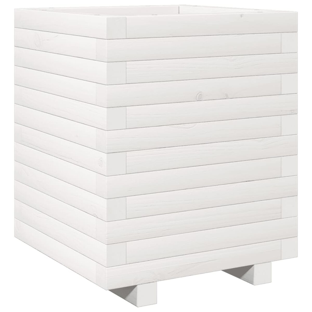 Weißer quadratischer Pflanzkübel mit horizontalen Brettern. Heller Hintergrund.