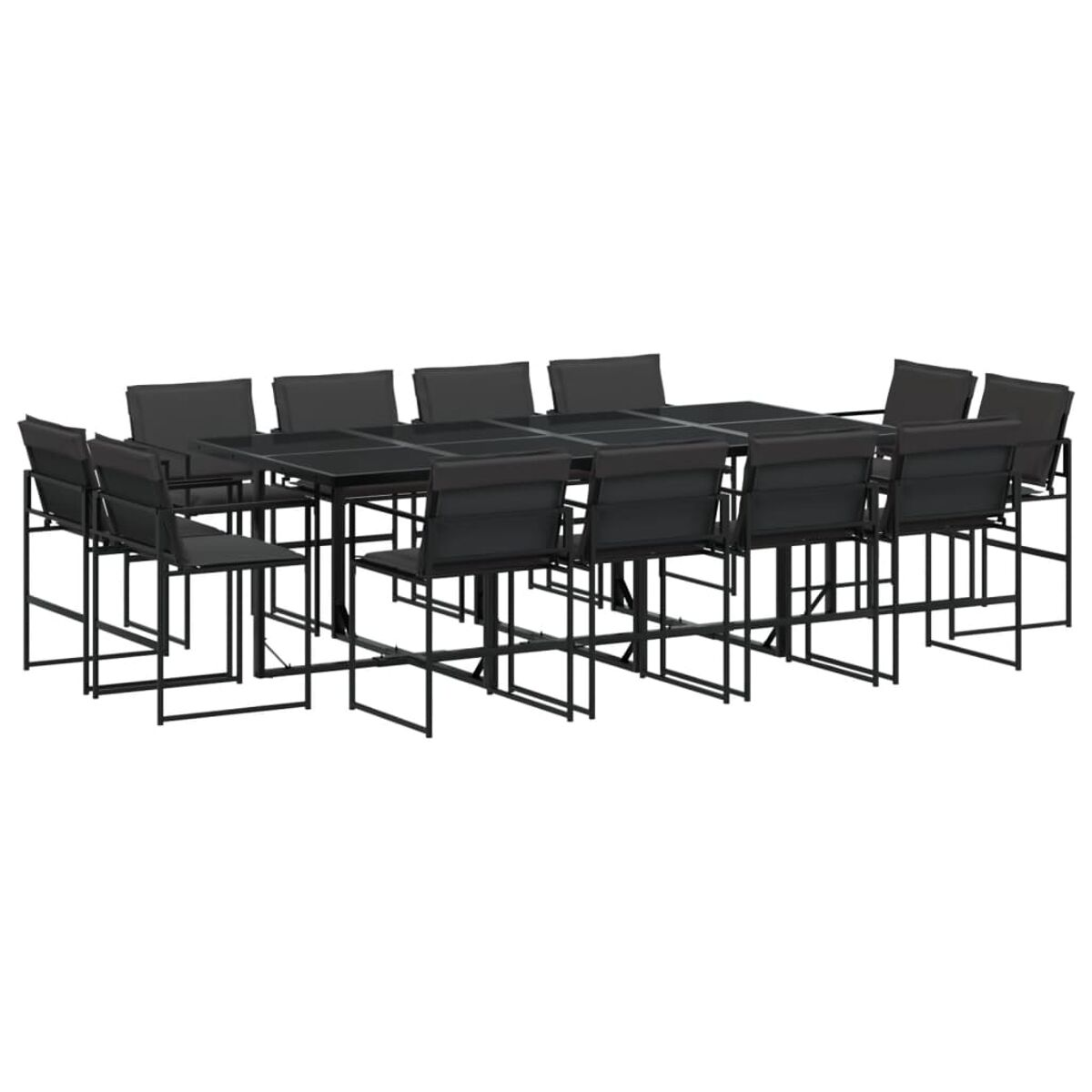 Schwarzes Metall-Essset für den Außenbereich mit großem Tisch und Stühlen.
