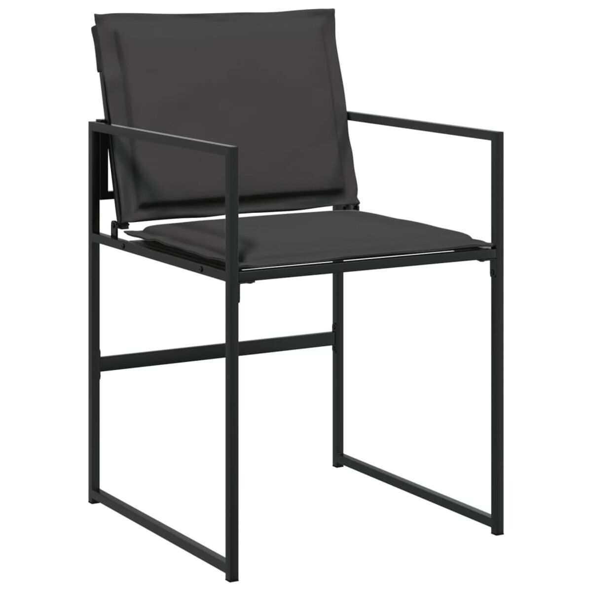 Schwarzer Metallstuhl mit schwarzem Sitz und Rückenlehne. Er hat ein minimalistisches Design.