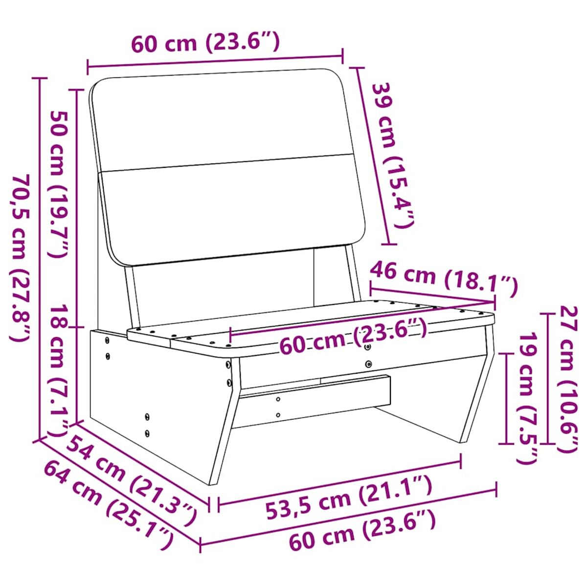 Diagramma di una panca in legno con dimensioni in centimetri e pollici.