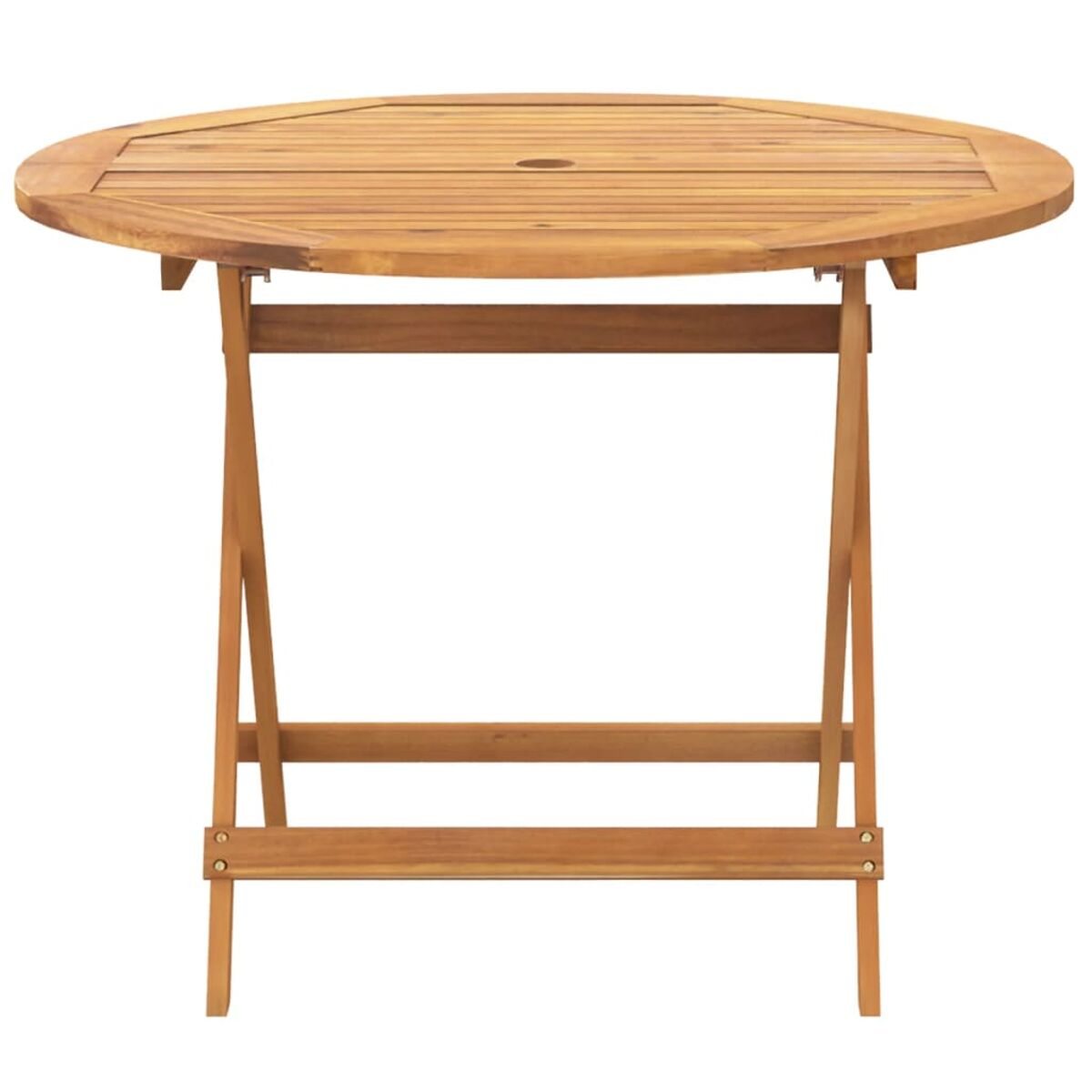Ein runder Holztisch mit Klappdesign, von vorne gesehen.