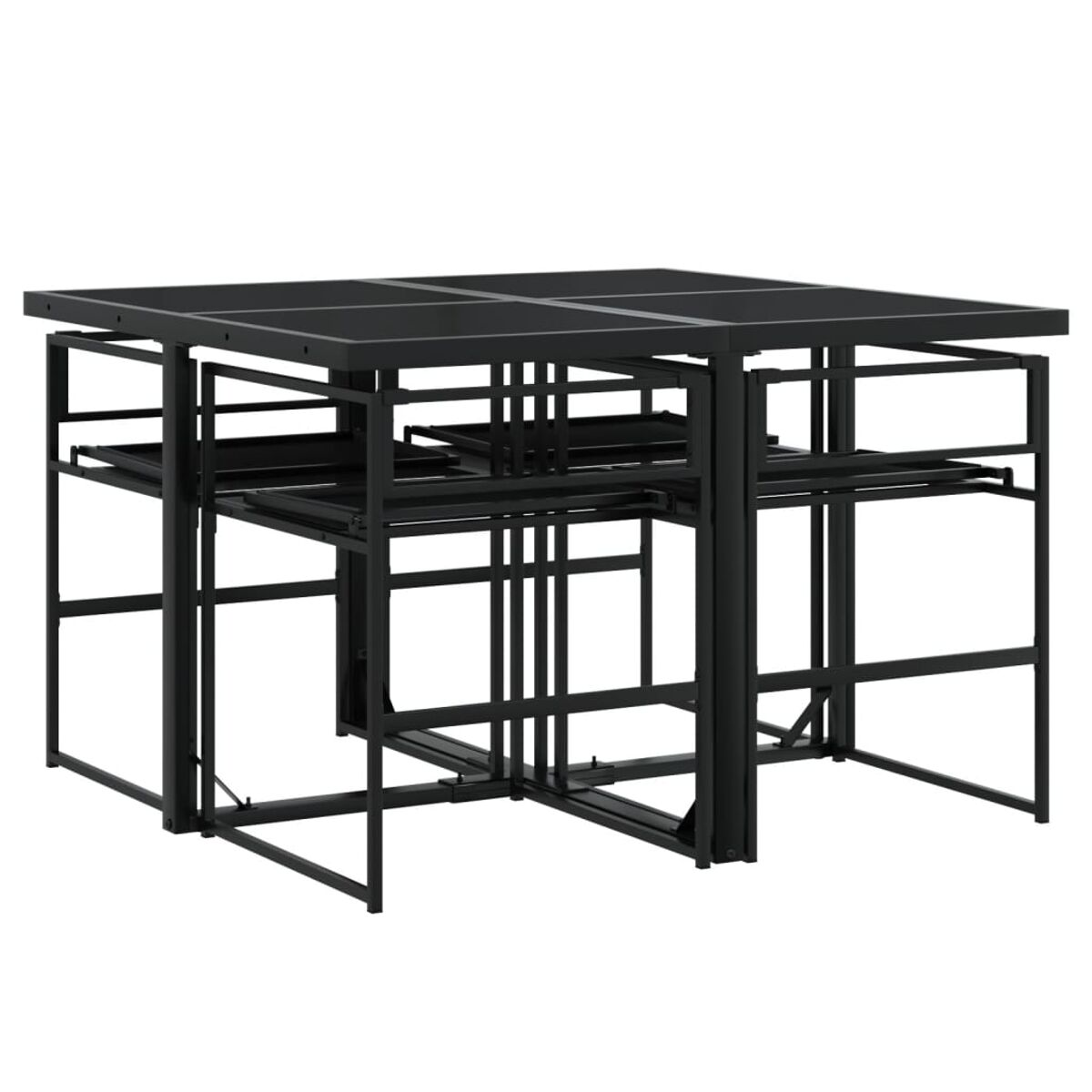 Schwarzes Metall-Outdoormöbel-Set. Besteht aus einem Tisch und vier Stühlen. Weißer Hintergrund.