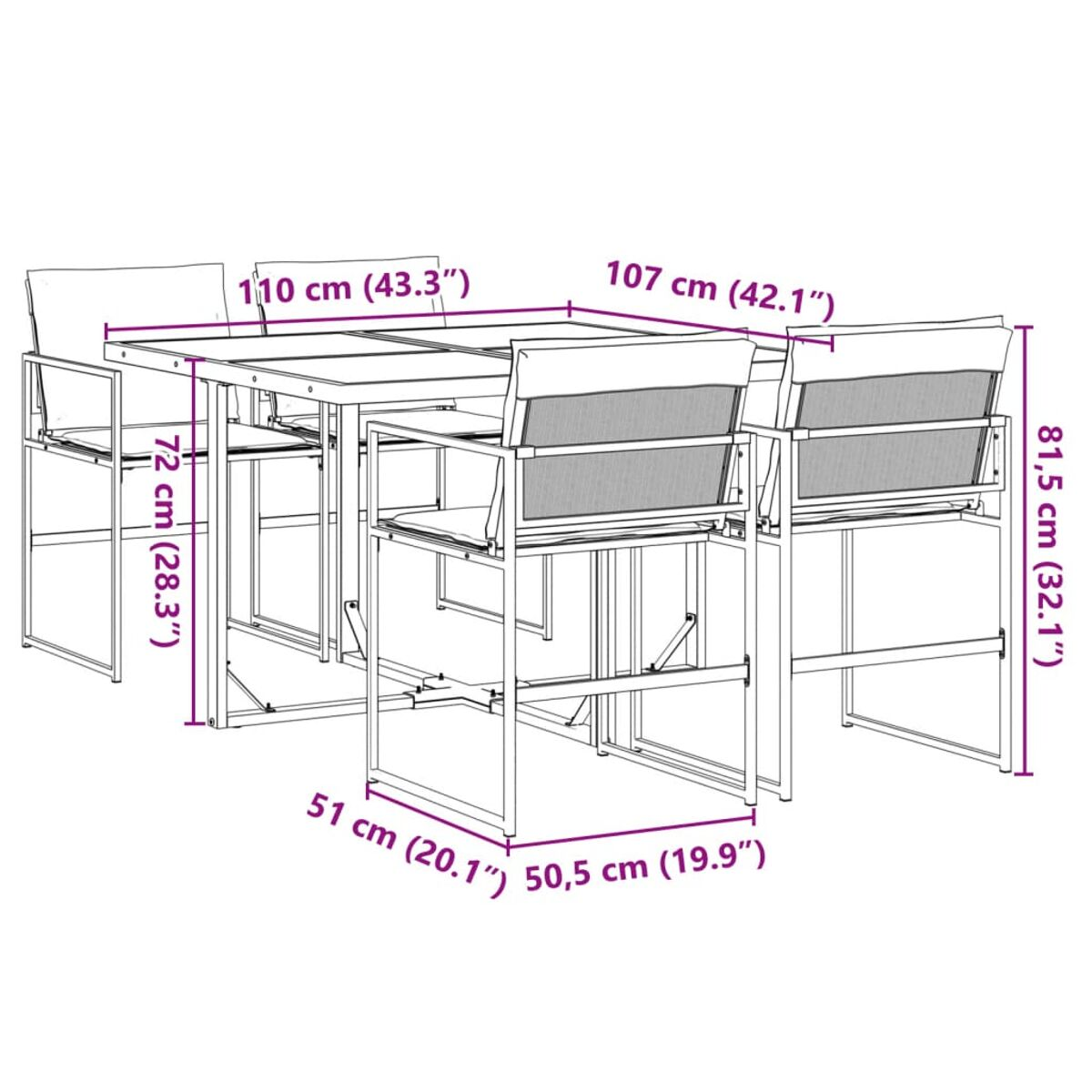 Diagramm eines Esstisches und Stühlen mit Abmessungen in cm und Zoll.