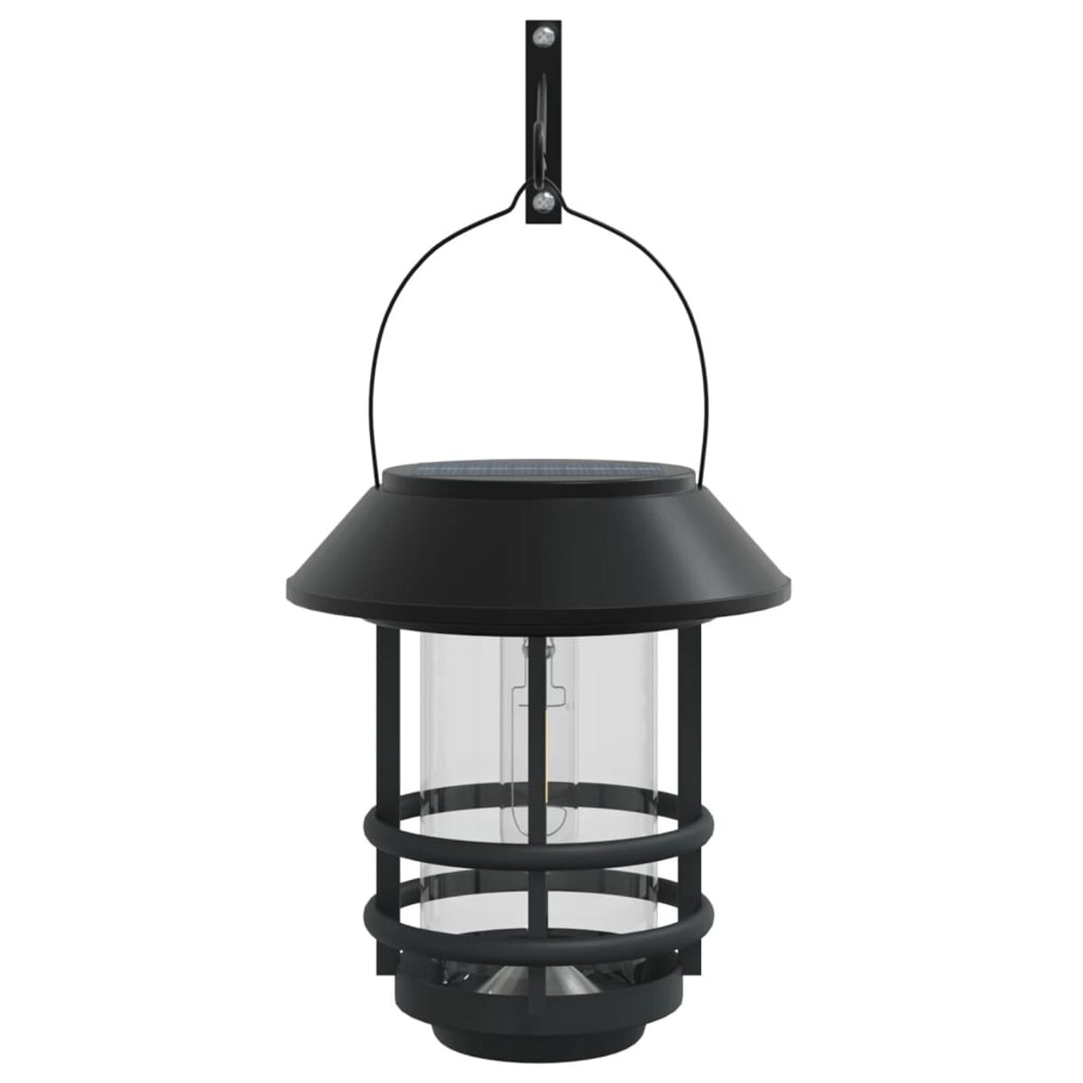 Eine schwarze Solar-Außenlaterne mit Glasgehäuse und Griff.