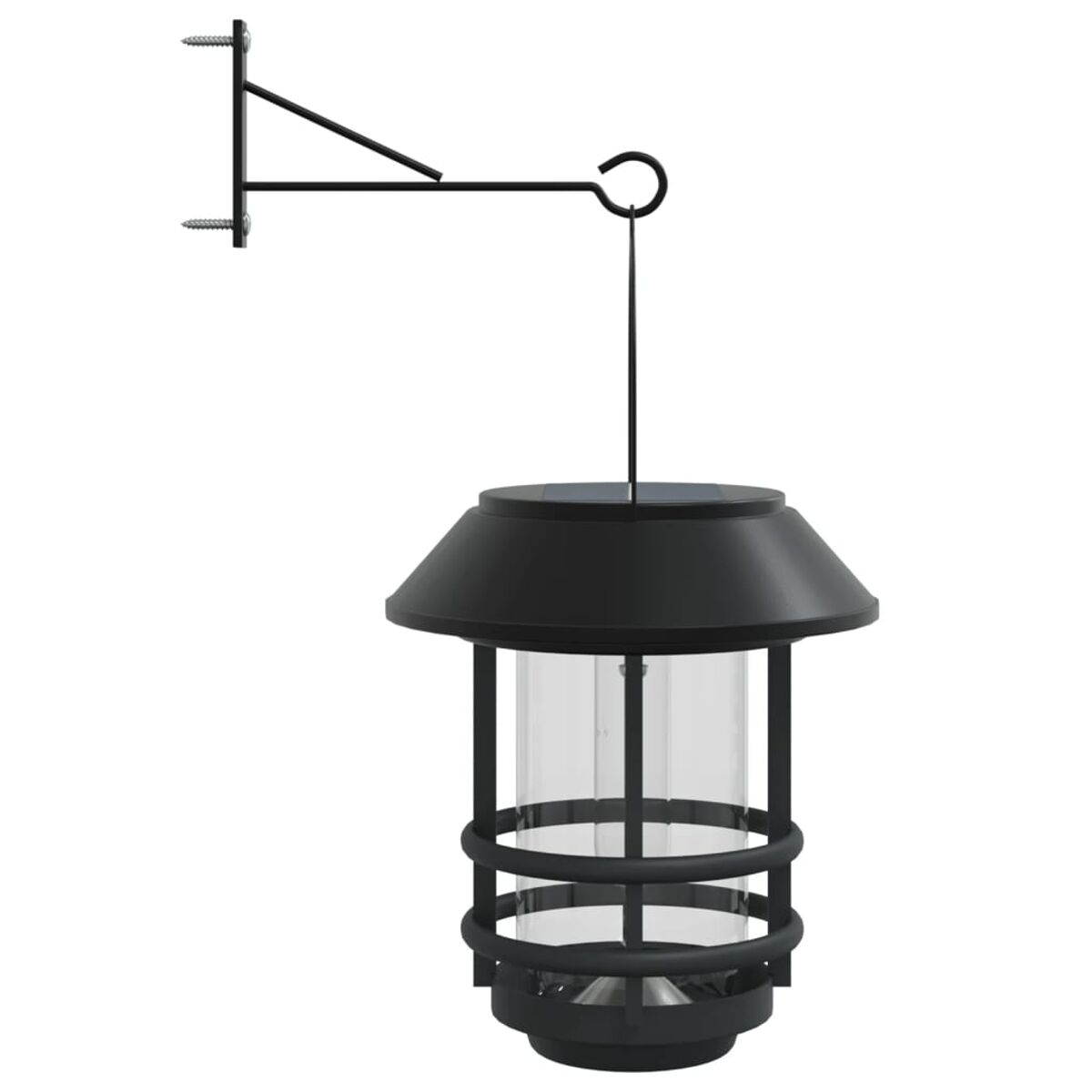 Eine schwarze, hängende Außenlaterne mit Halterung und Glasscheiben.