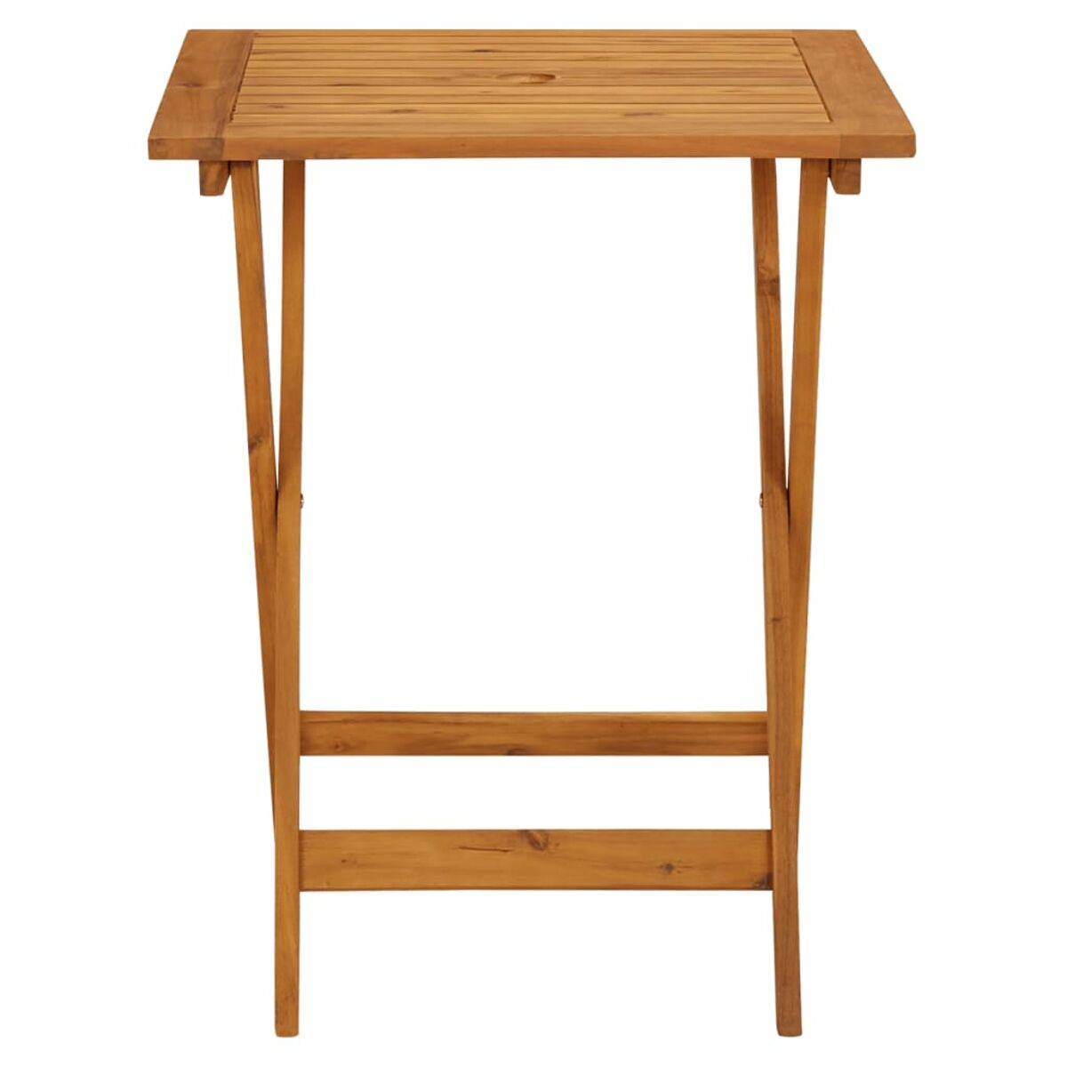 Tavolino in legno piegato. Ha un piano rettangolare e quattro gambe angolate.