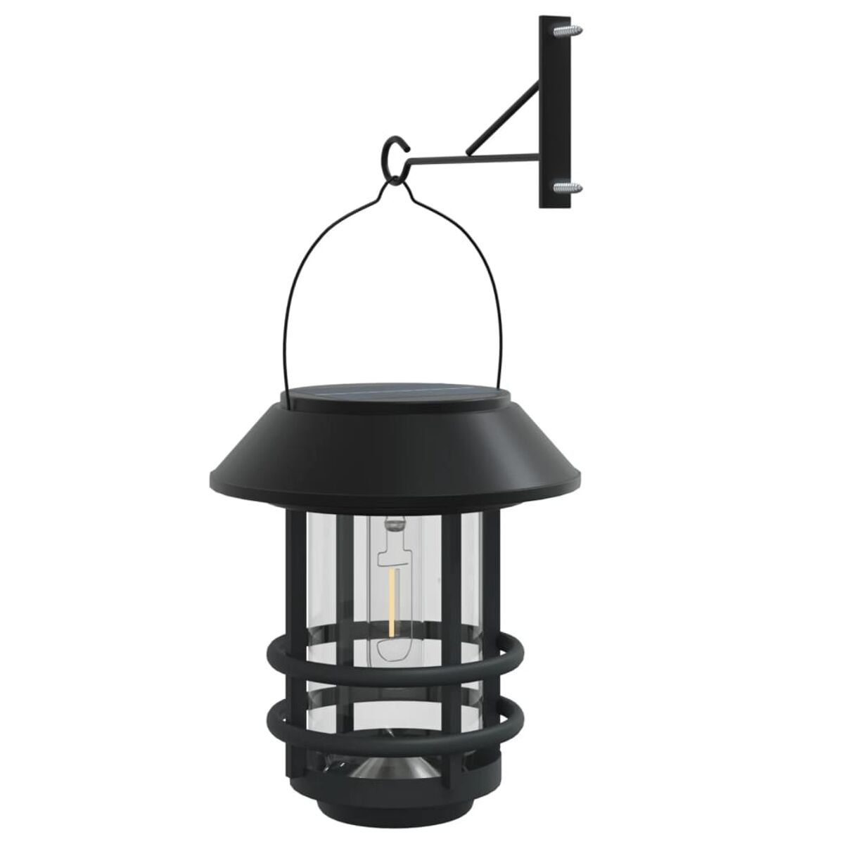 Schwarze Solar-Laterne, die an einer schwarzen Halterung hängt. Die Laterne hat ein Glasgehäuse.