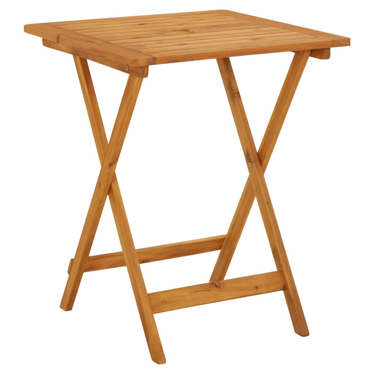 Ein hölzerner Klapptisch mit quadratischer Platte. Die Beine sind gekreuzt.