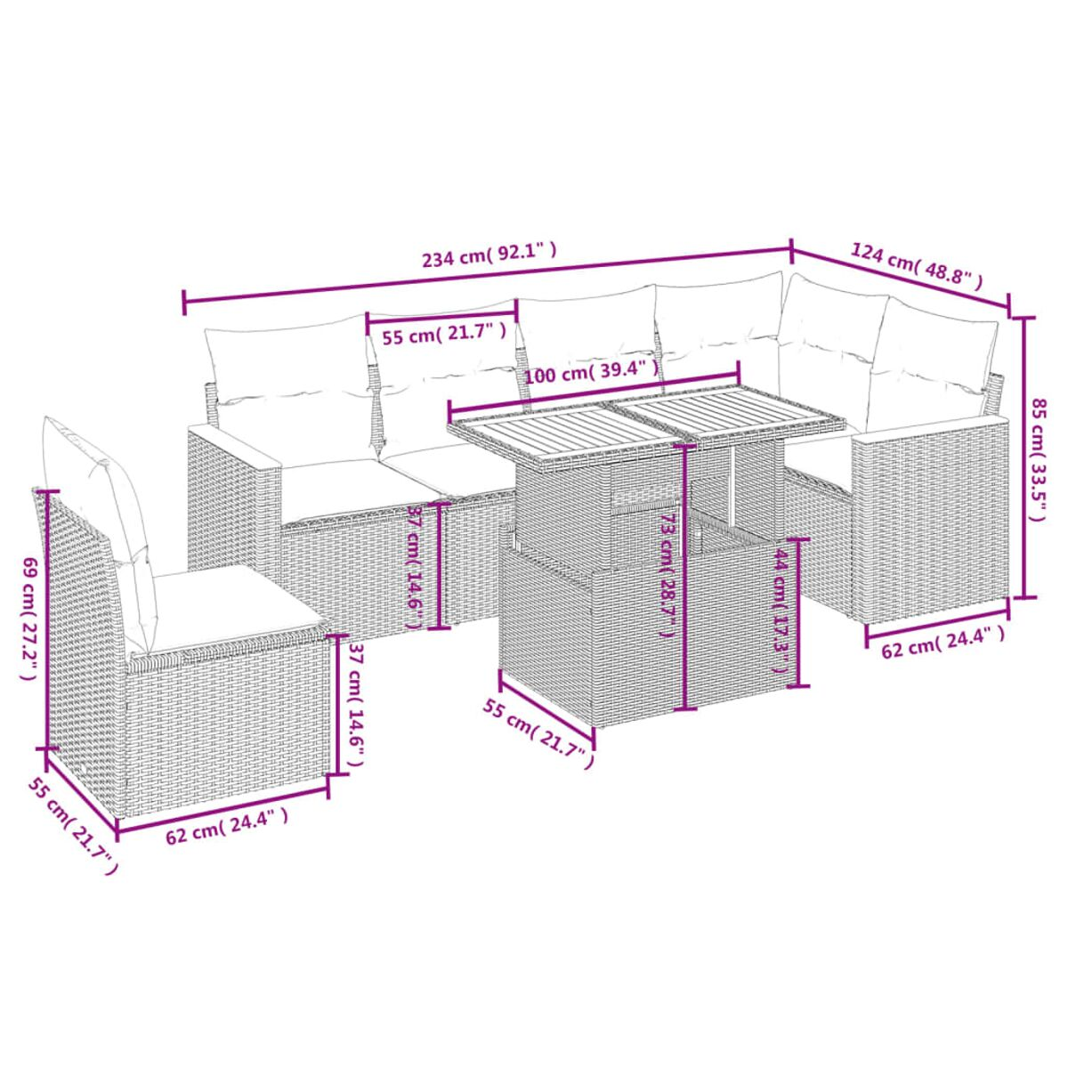 Ein detailliertes Diagramm von Gartenmöbeln, einschließlich Sofa und Tisch, mit Abmessungen.