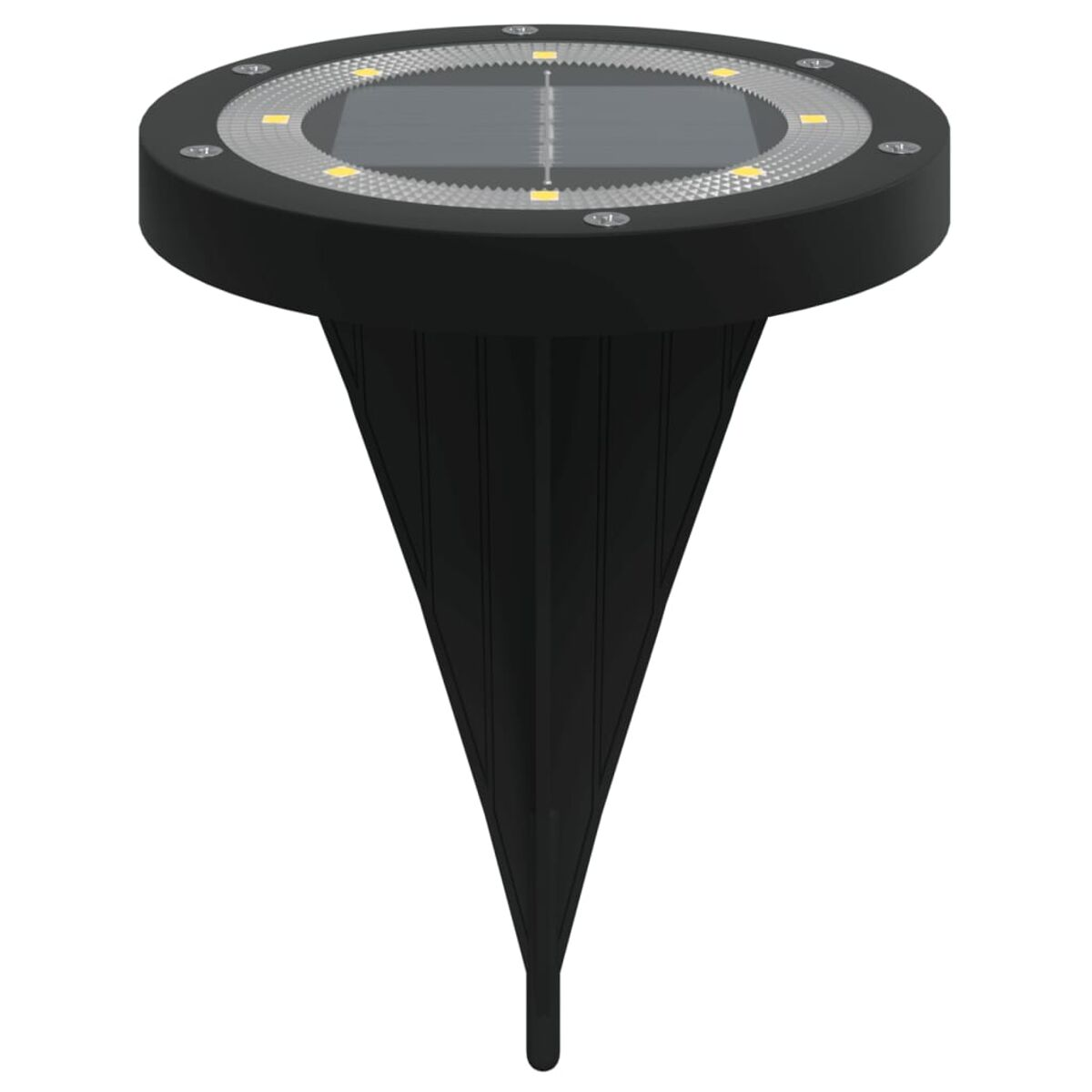Solar-Gartenleuchte mit schwarzem Sockel, Solarpanel und einem spitzen Pfahl zum Einsetzen.