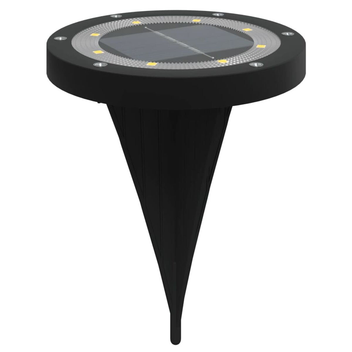 Schwarzes Solar-Gartenlicht mit konischem Sockel und LED-Ring.