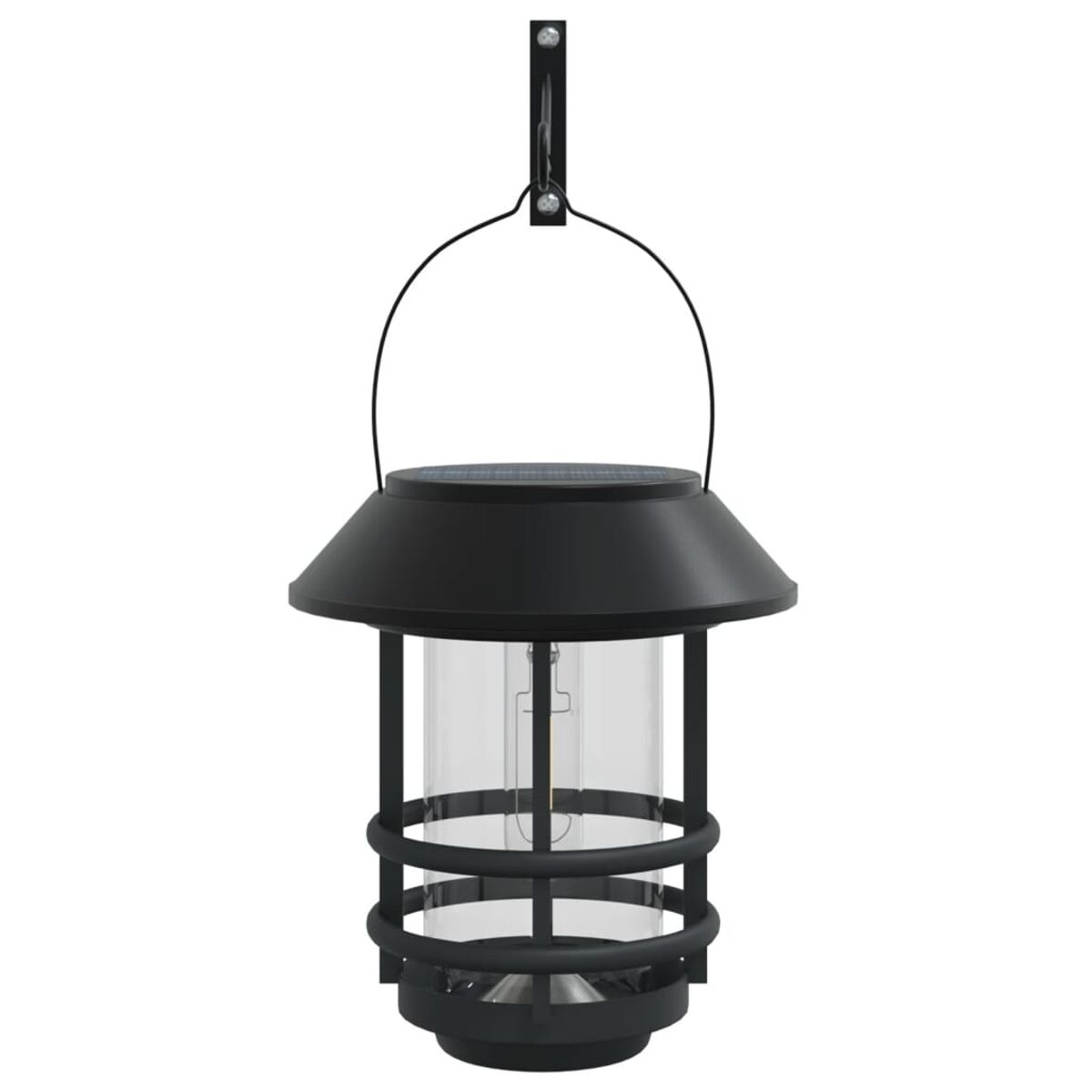 Schwarze Solar-Laterne für den Außenbereich. Zylindrisches Glasgehäuse mit schwarzem Metallrahmen und Griff. Weißer Hintergrund.