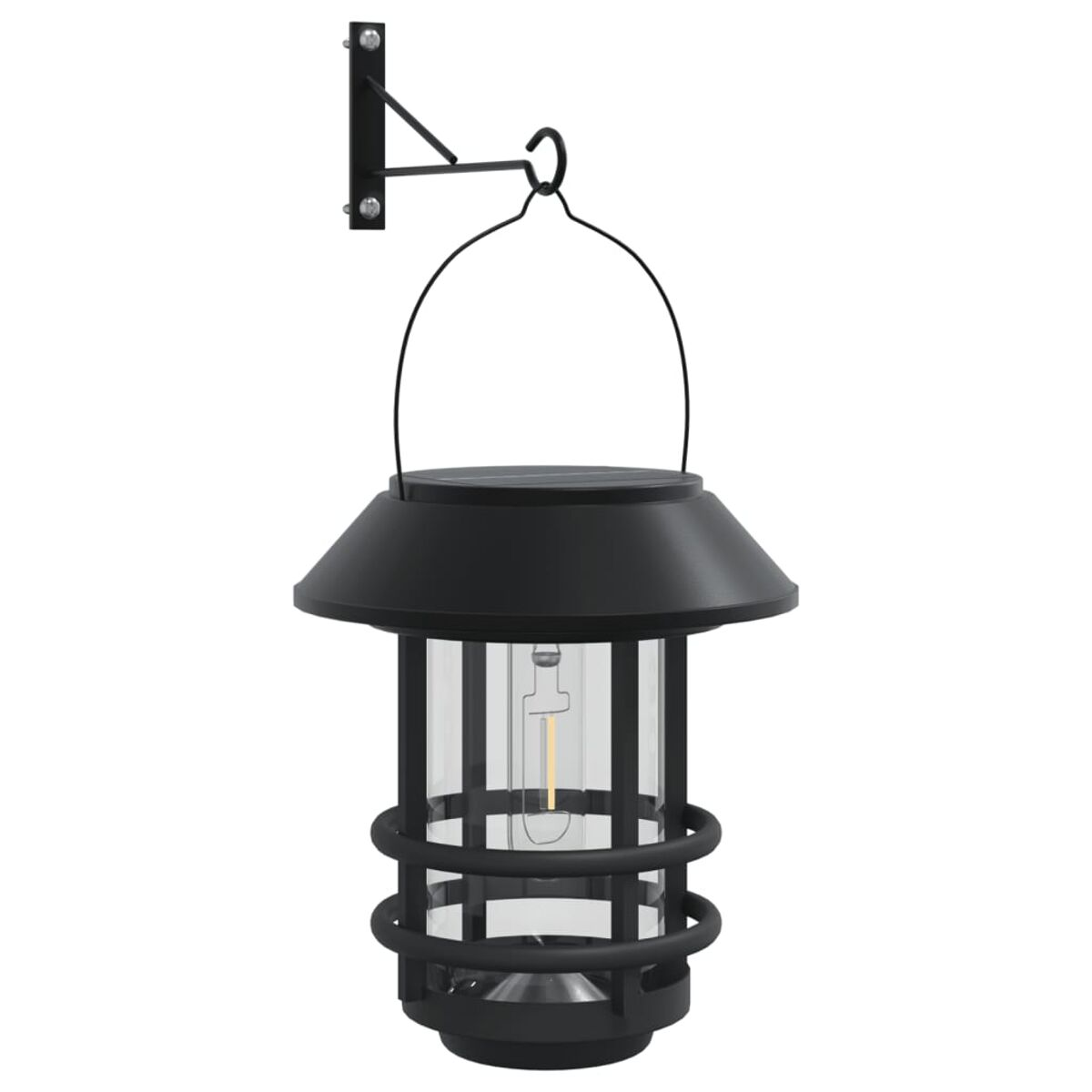 Schwarze Außenlampe. Sie hängt mit einem schwarzen Haken. Die Lampe ist aus Glas.