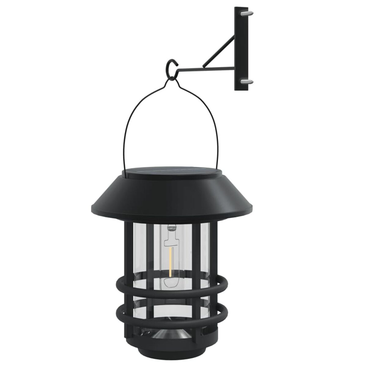 Schwarze Solar-Laterne mit schwarzem Arm zum Aufhängen. Sie hat einen Glasschirm.
