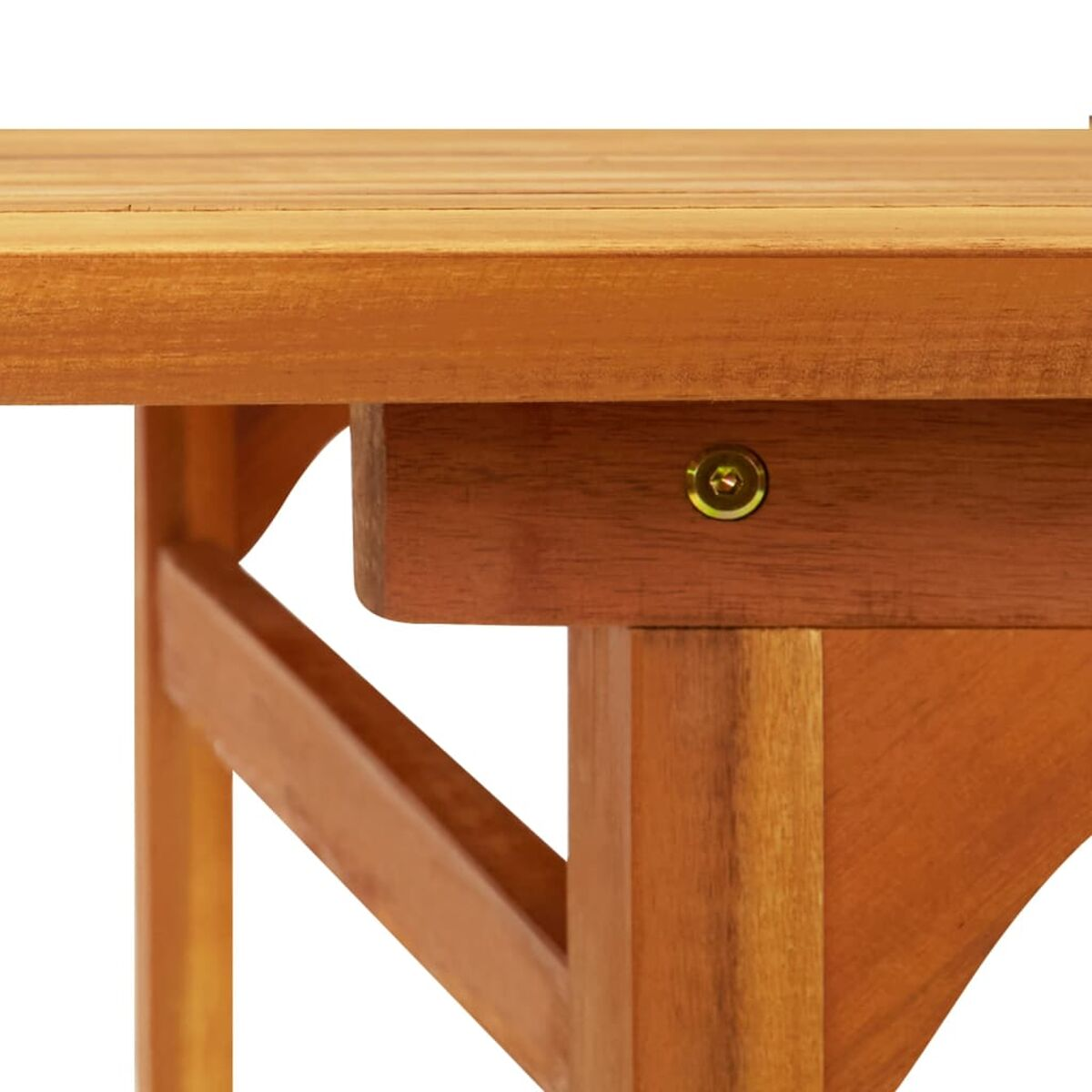 Nahaufnahme des Holztischdetails, zeigt einen Schraubenkopf. Das Holz ist warmbraun.