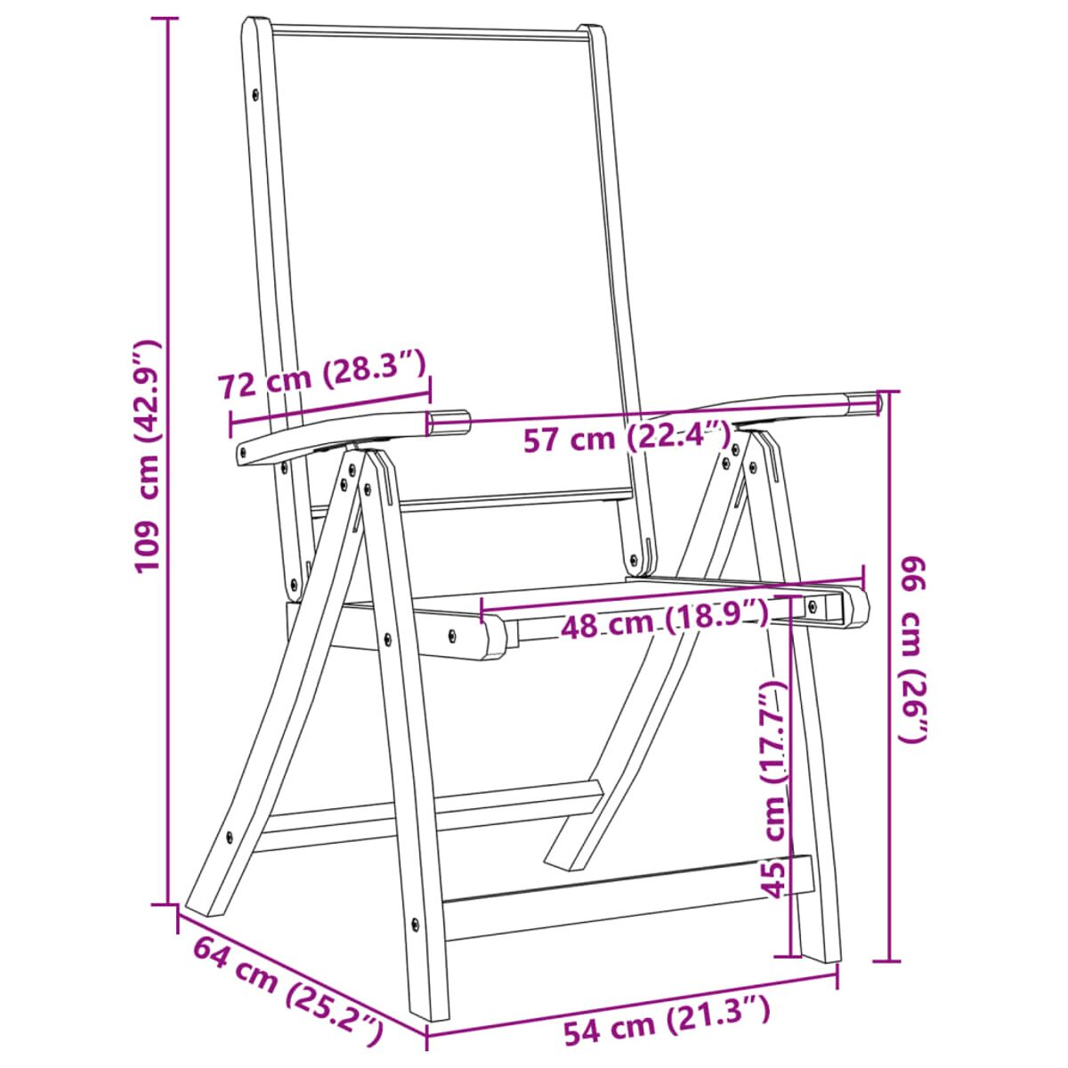 Sedia pieghevole in legno. Le dimensioni sono indicate in cm e pollici. La sedia ha seduta e schienale.