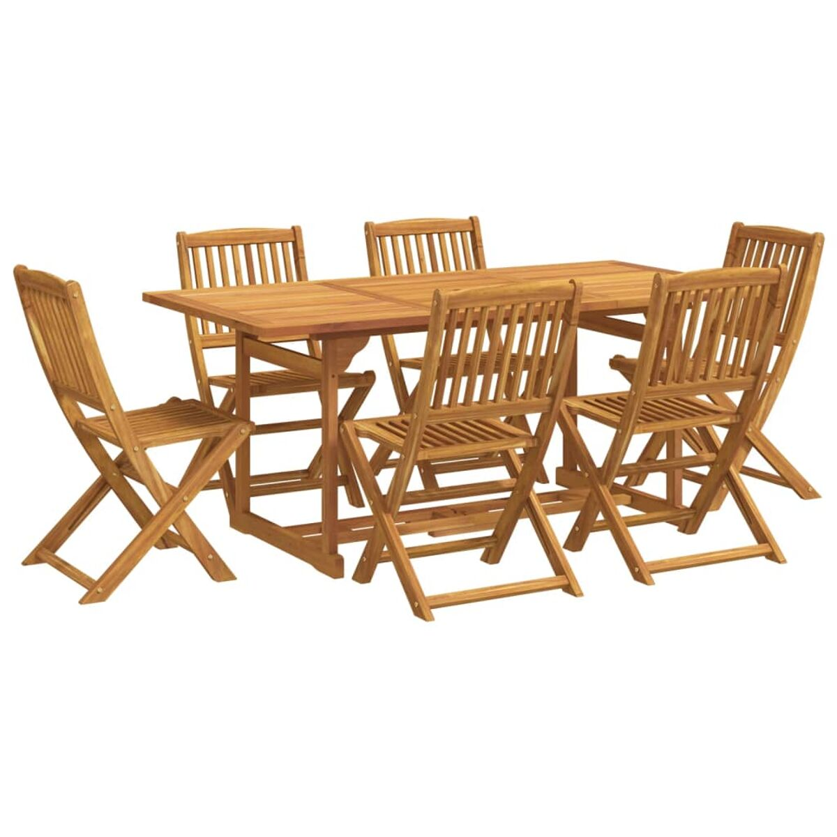 Un tavolo in legno con sei sedie in legno, tutto su sfondo bianco.