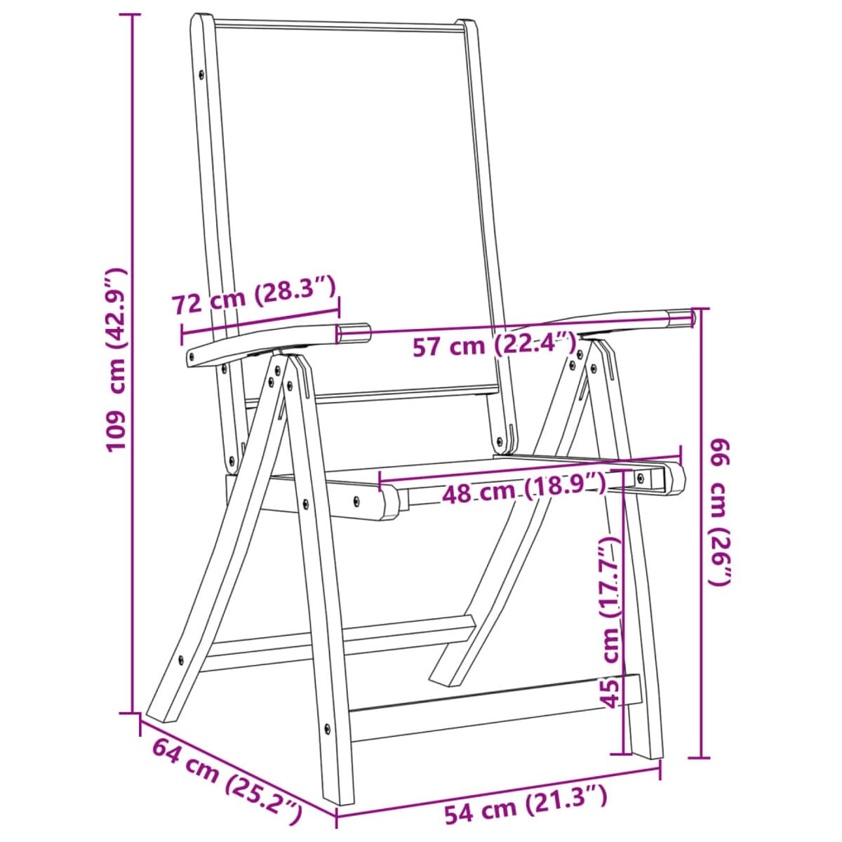 Sedia pieghevole in legno, dimensioni indicate con misure e linee. Legno marrone chiaro, all'aperto.