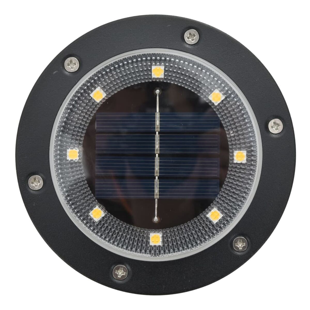 Ein schwarzes Solarlicht für den Außenbereich. Es ist rund und hat LEDs in der Mitte.
