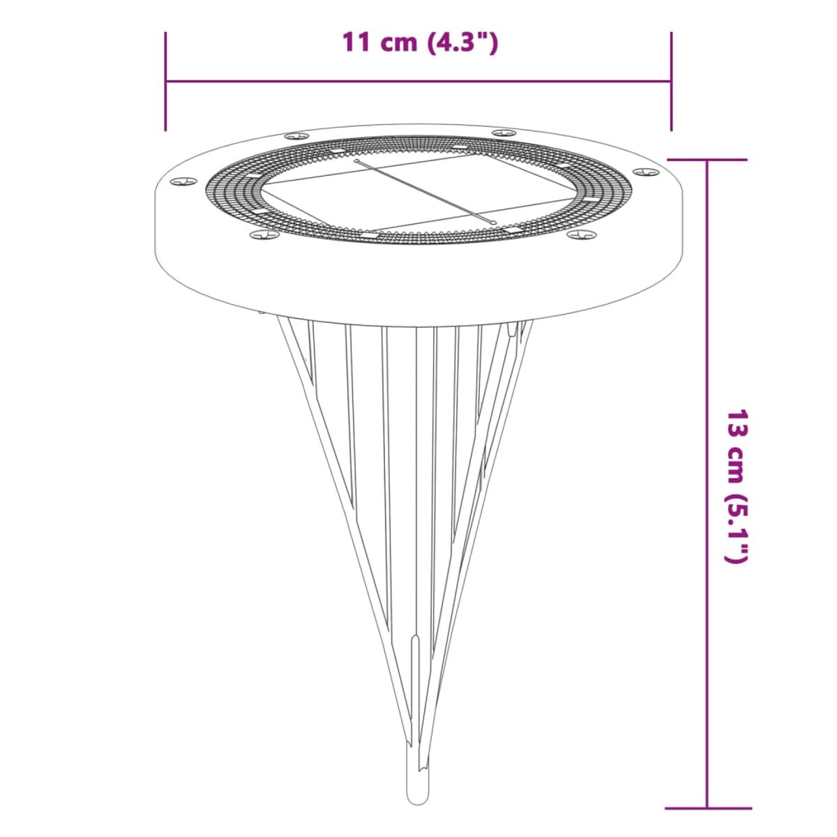Solar-Gartenleuchte, runde Oberseite mit Stacheln, Abmessungen angegeben.