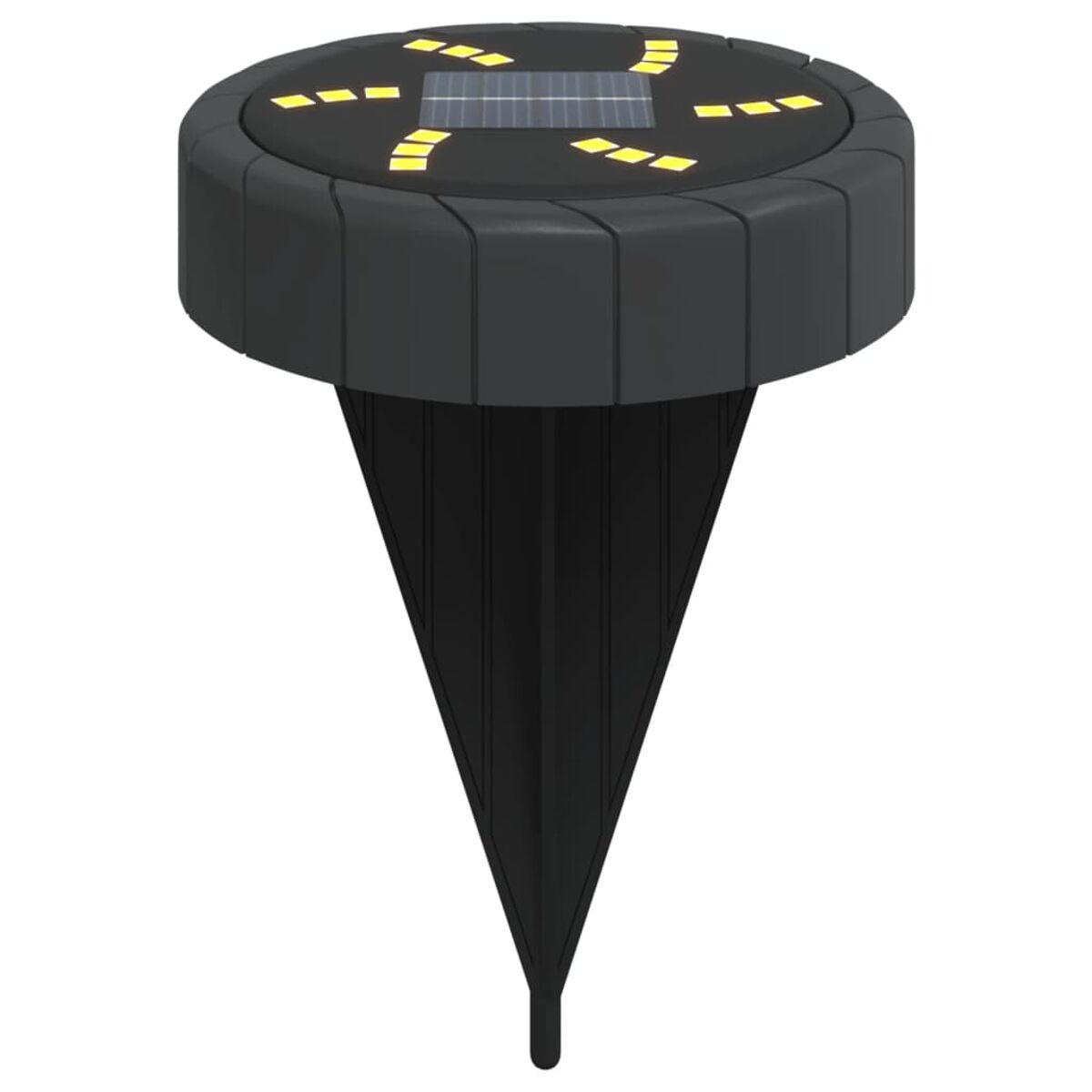 Schwarze Solar-Gartenleuchte mit gelben Lichtern oben und einem schwarzen, konusförmigen Pfahl.