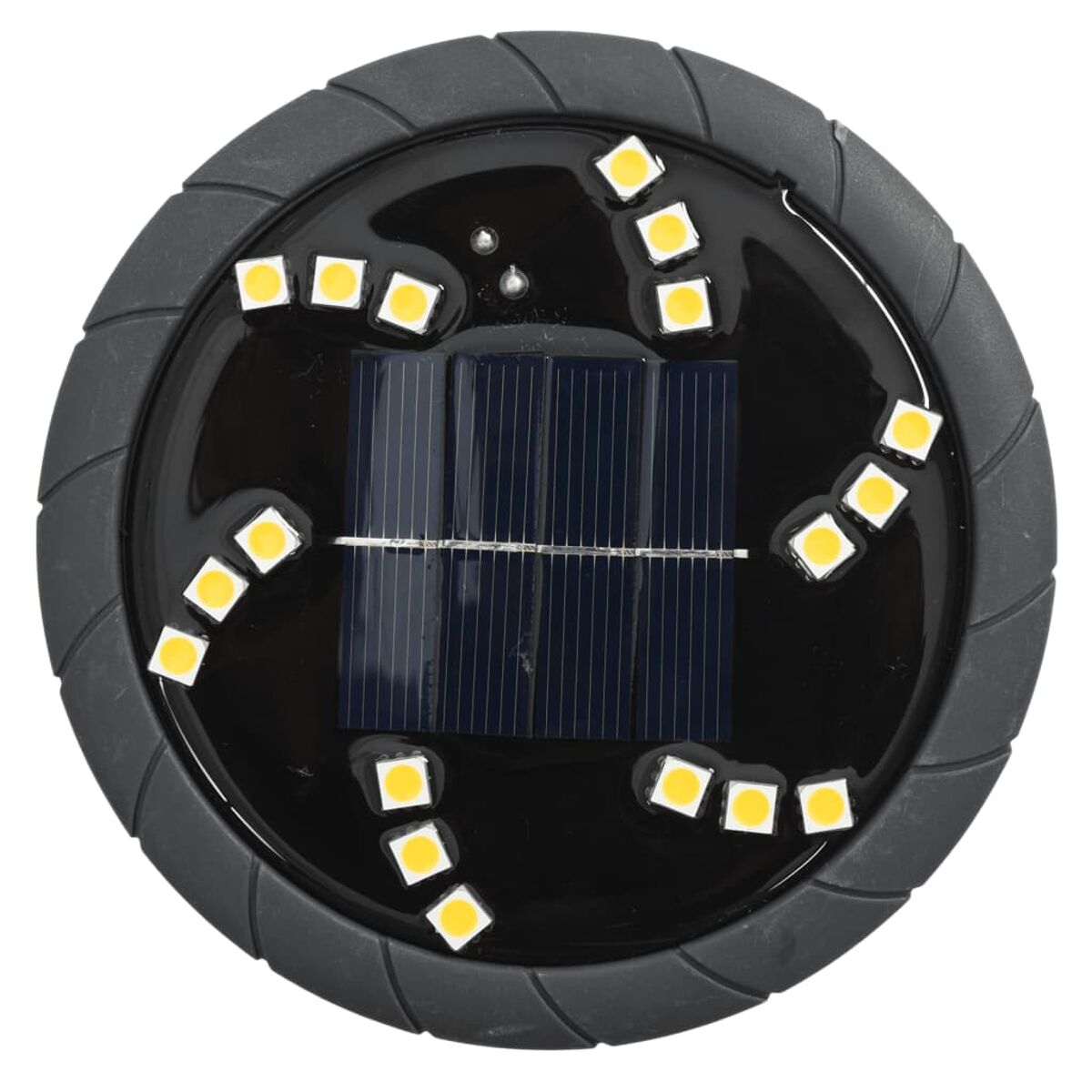 Nahaufnahme einer solarbetriebenen Bodenleuchte mit gelben LEDs und einem schwarzen Rahmen.