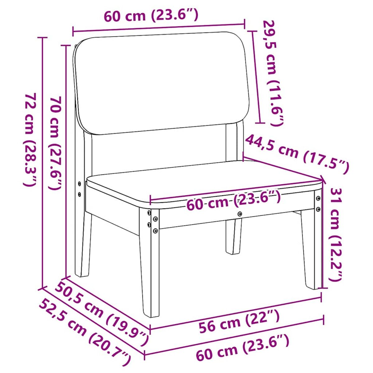 Sedia in legno, dimensioni indicate con misure e linee. Legno marrone chiaro, un diagramma.