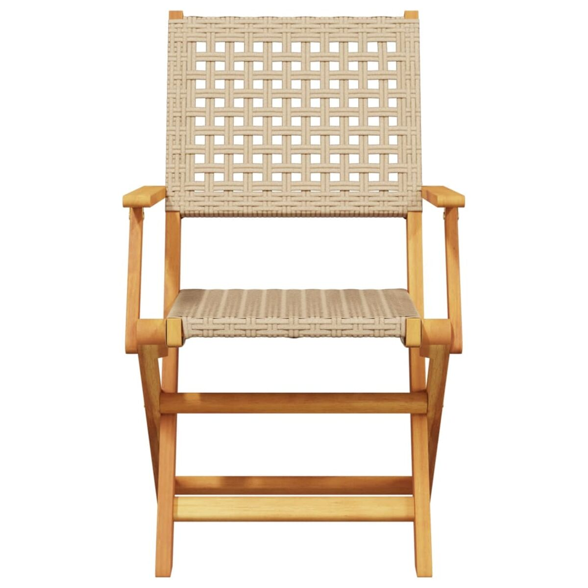Sedia in legno con seduta e schienale beige intrecciato. Anche i braccioli sono in legno.