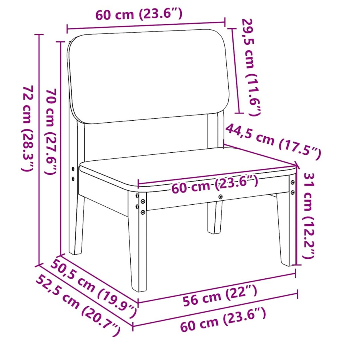 Sedia in legno con dimensioni, che mostra seduta e schienale. Sfondo bianco.