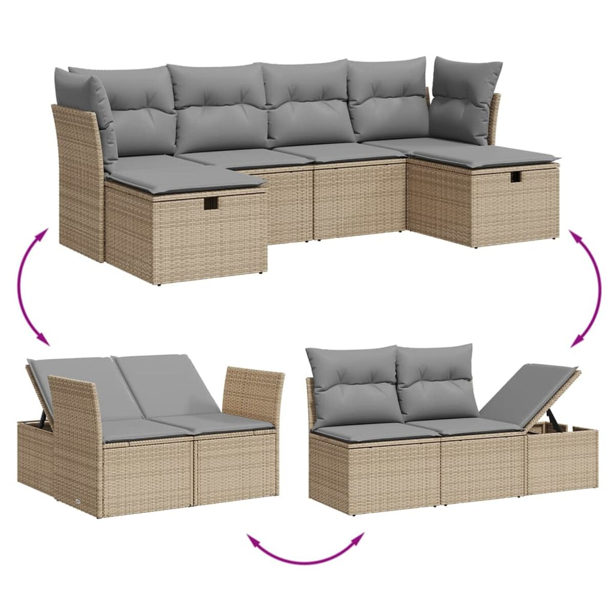 Modulares Rattan-Sofaset mit grauen Kissen, in drei verschiedenen Konfigurationen dargestellt.