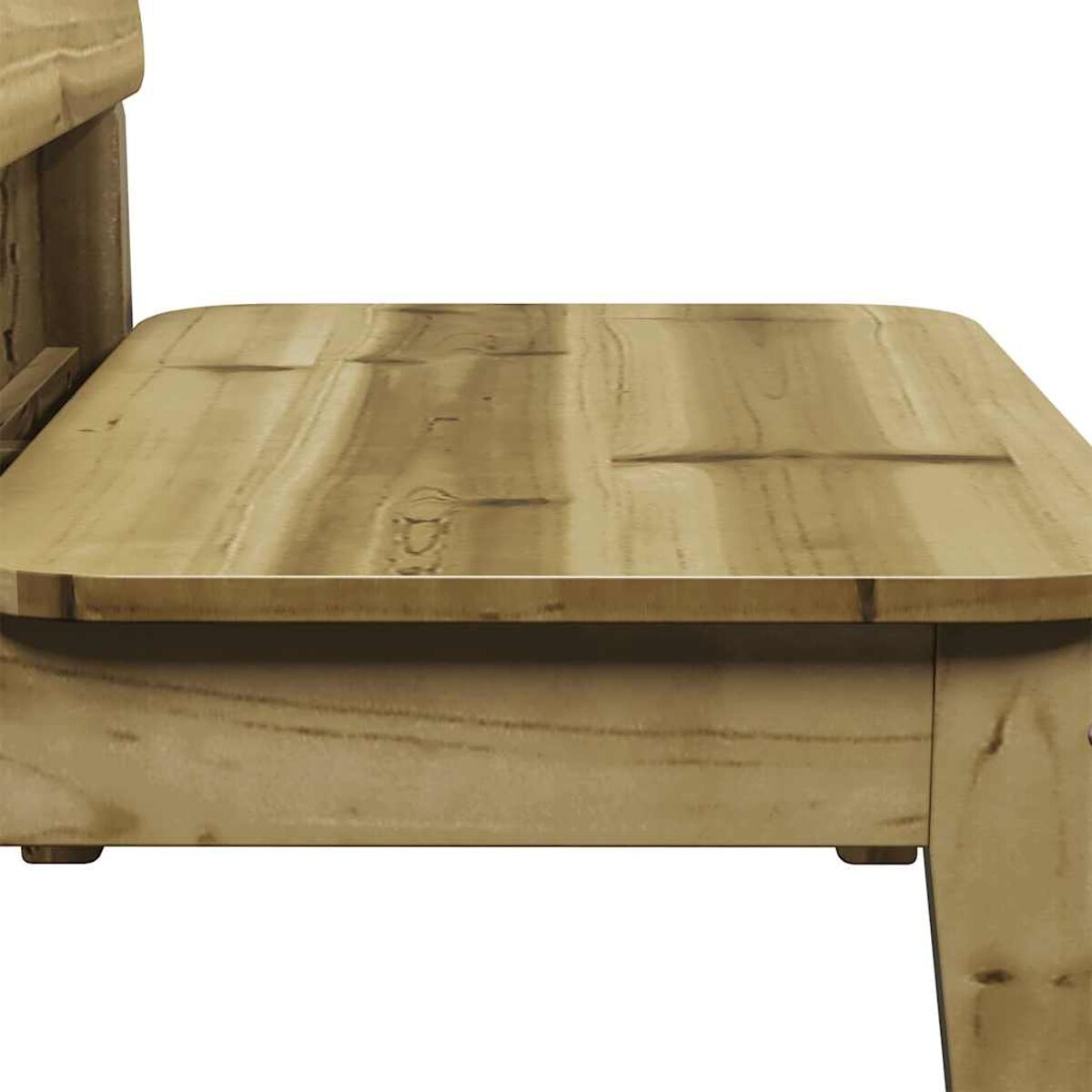 Primer plano de un banco de madera clara. El banco está vacío y la veta de la madera es visible.