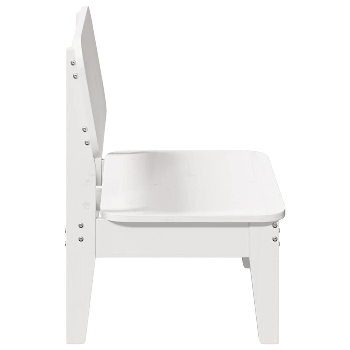 Panca in legno bianca con un design a doghe, vista di lato.