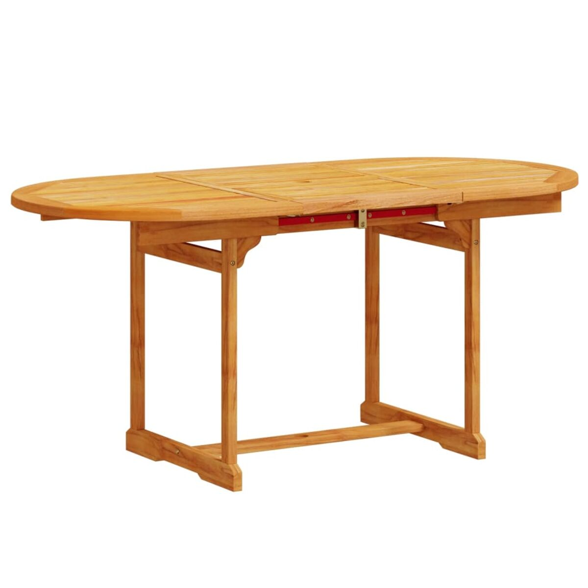 Una mesa ovalada de madera con bisagra roja, en un entorno exterior.