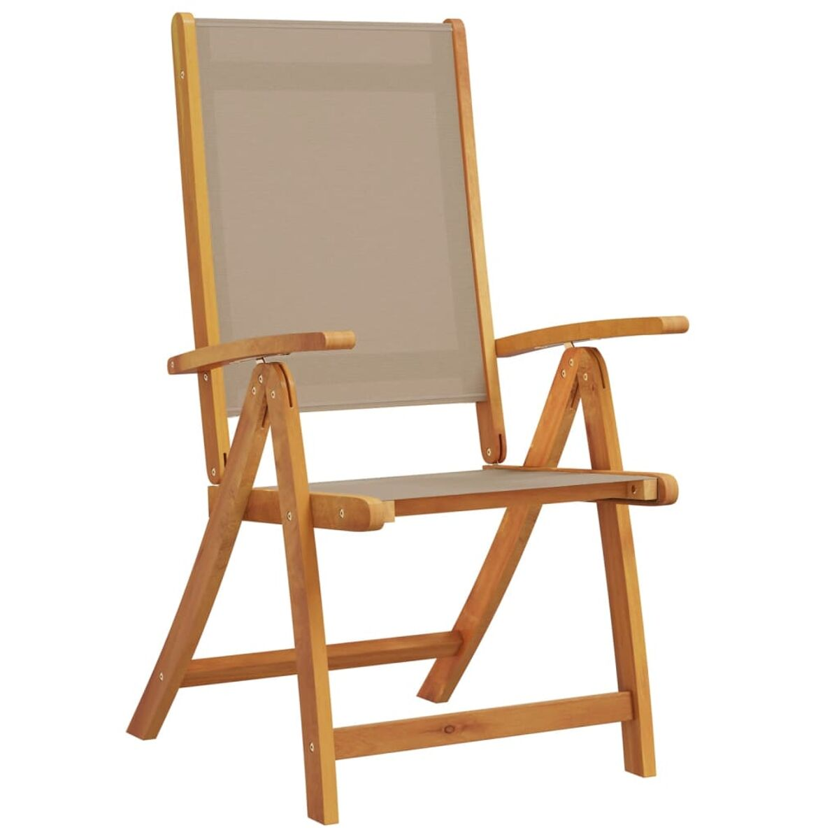 Ein hölzerner Klappstuhl mit einem grauen Stoff Sitz und Rückenlehne. Der Stuhl ist offen.