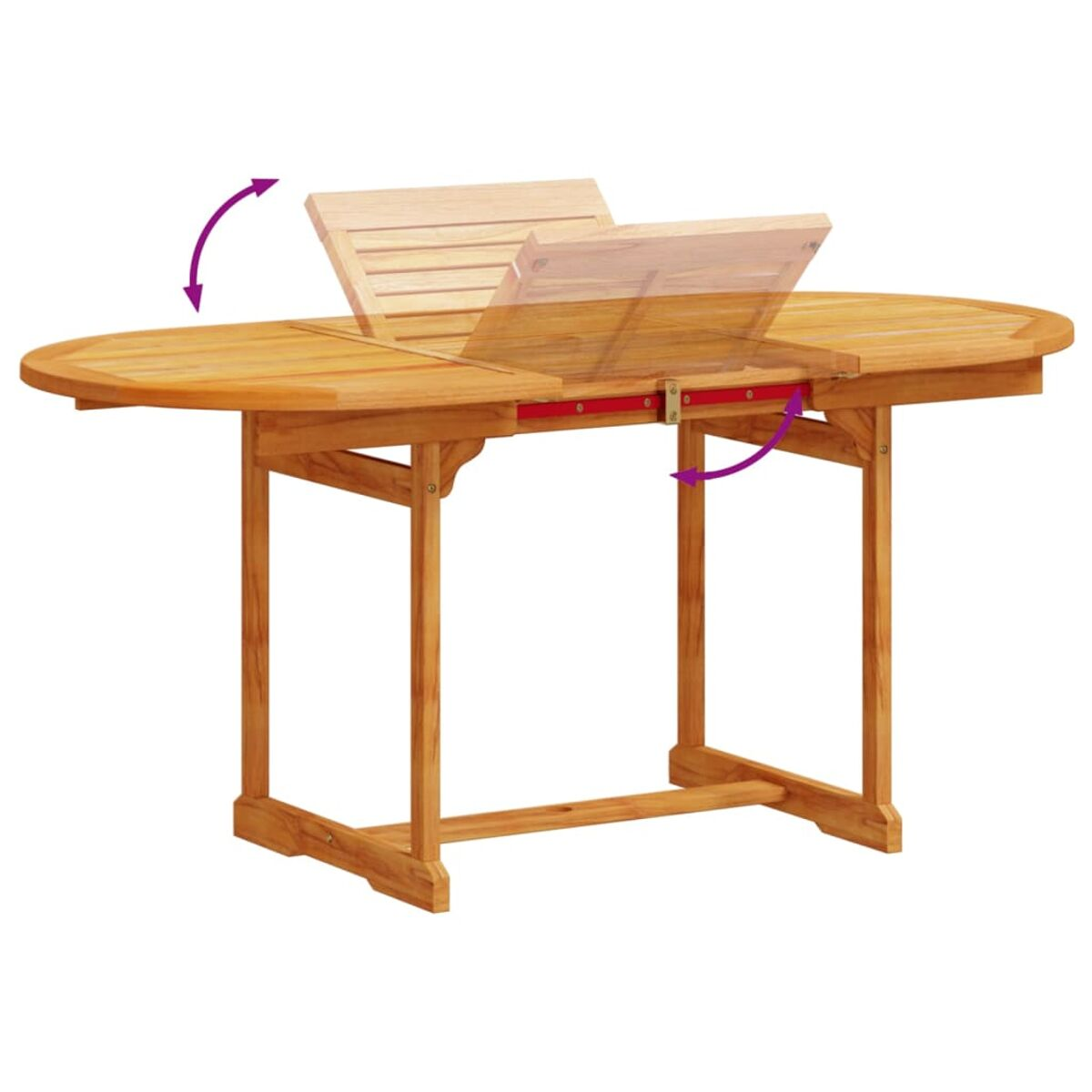 Mesa de exterior de madera con mecanismo de extensión. Flechas ilustran cómo se expande la mesa.