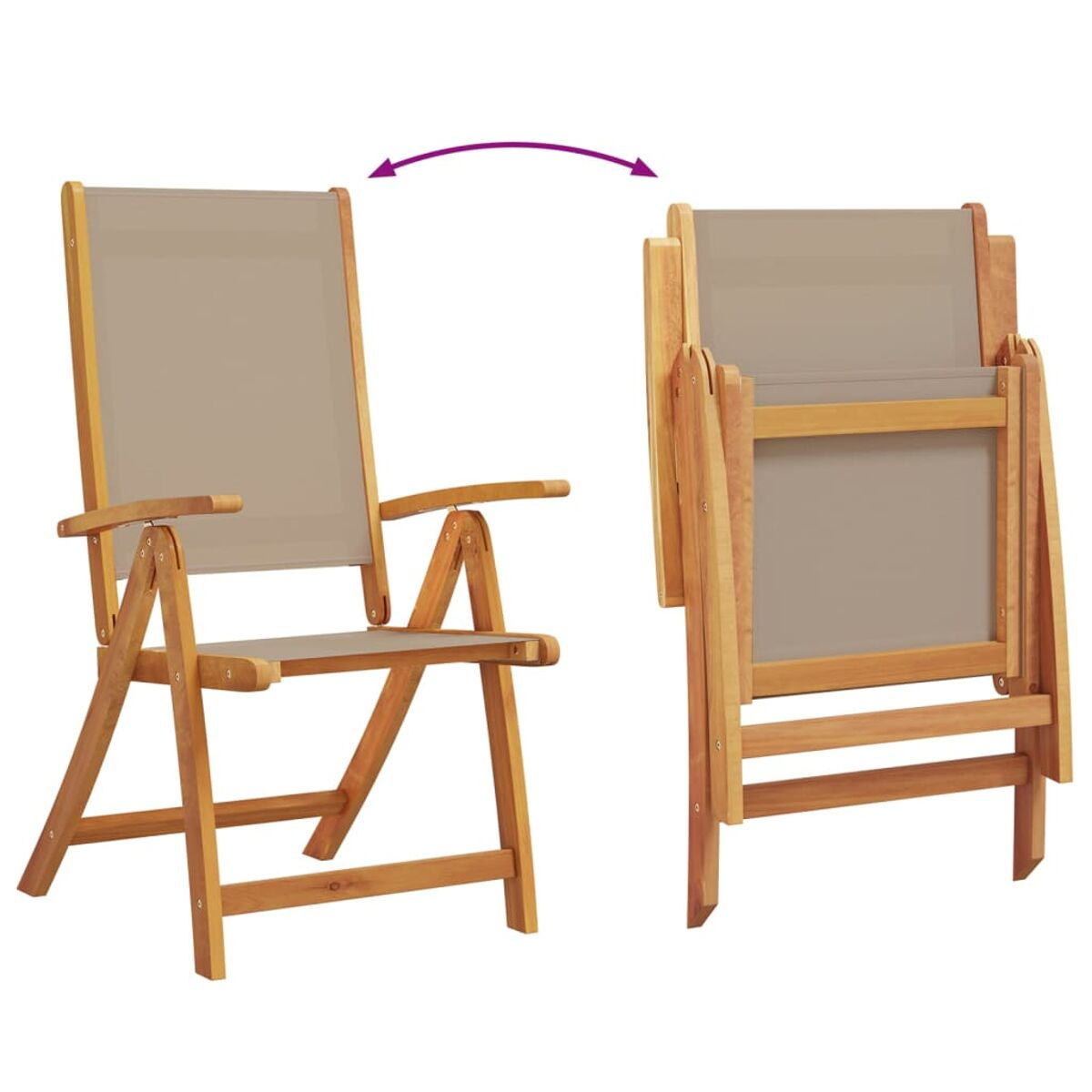 Una silla plegable de madera mostrada abierta y plegada. La silla tiene asiento y respaldo de lona, y brazos de madera.