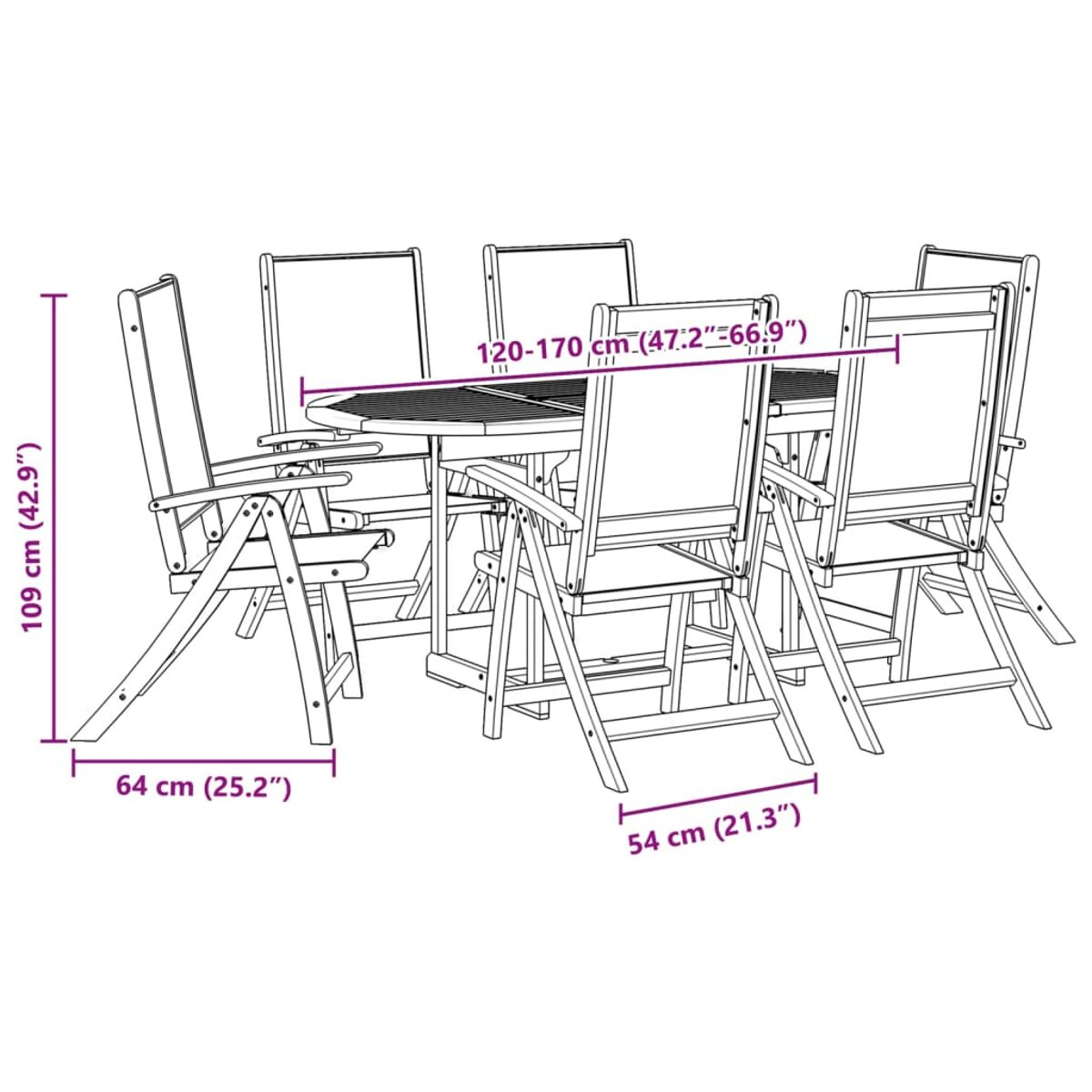 Juego de comedor de madera para exteriores con seis sillas y una mesa. Fondo: blanco.