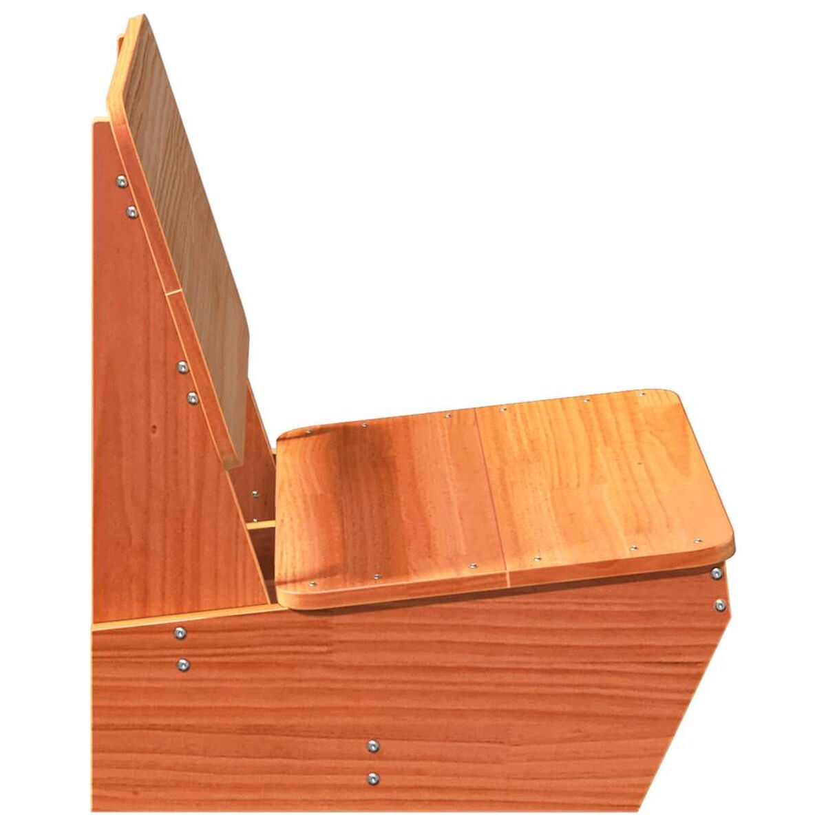 Holzbank mit schräger Rückenlehne und Sitzfläche, Konstruktionsdetails.