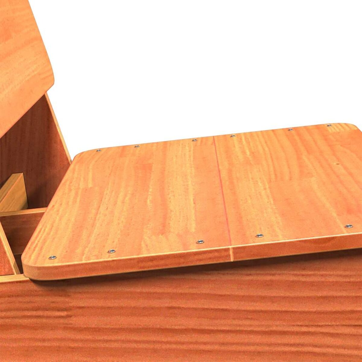 Primo piano di una scrivania in legno con coperchio a cerniera, che mostra la superficie.