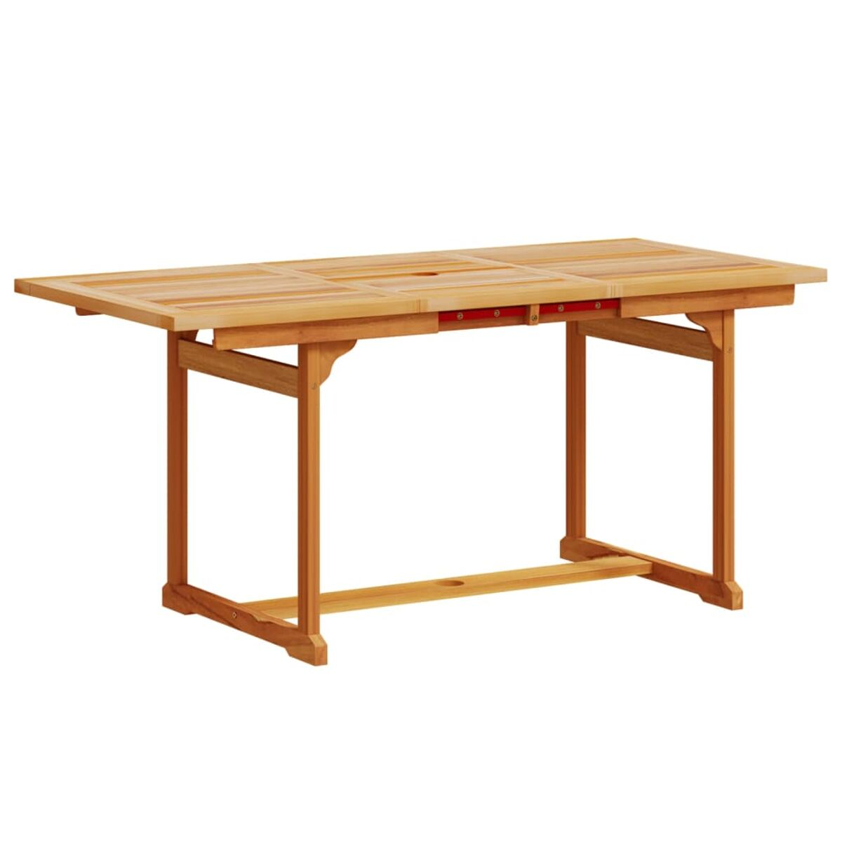 Tavolo in legno con piano rettangolare. Anche le gambe sono in legno. Lo sfondo è bianco.