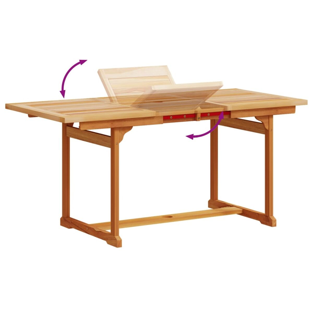 Holztisch mit klappbarer Platte, Pfeile zeigen, wie man ihn öffnet und schließt.