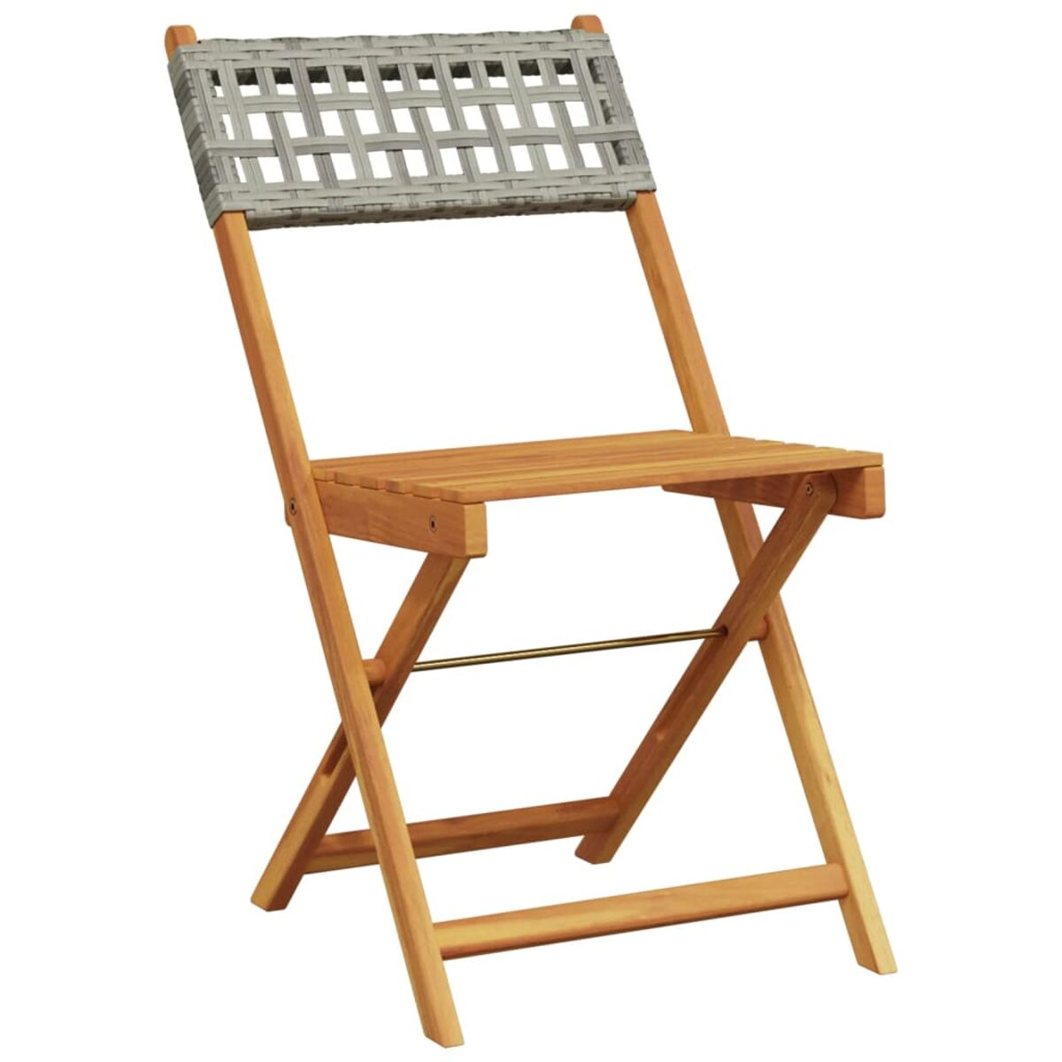 Klappbarer Holzstuhl mit grau gewebtem Rücken. Einfaches Outdoor-Design.